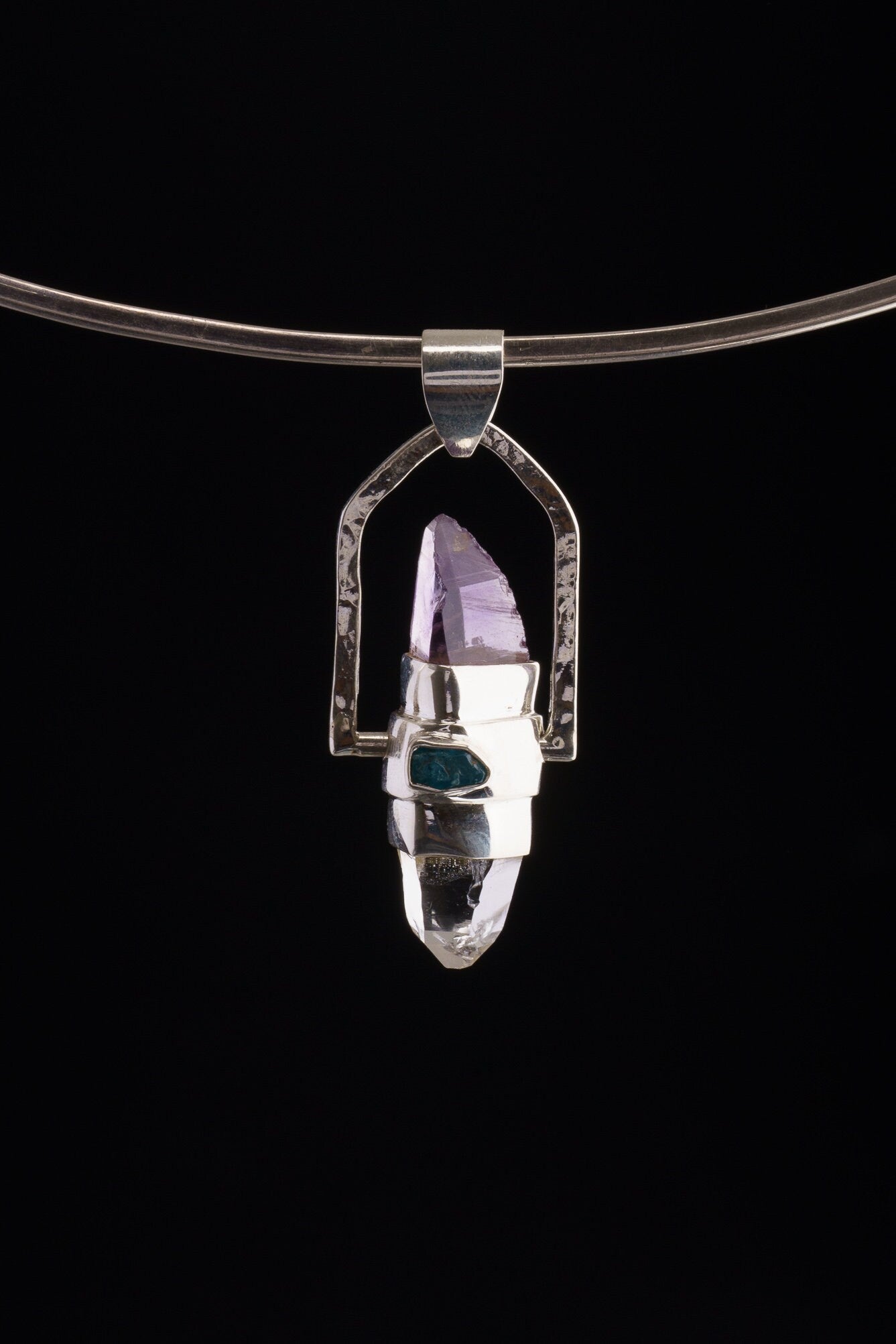 Himalayan Lazer & Vera cruz Lemurian Point with a Rubellite, Labradorite and Apatite - Sterling Silver Set - Spinning Crystal Pendant