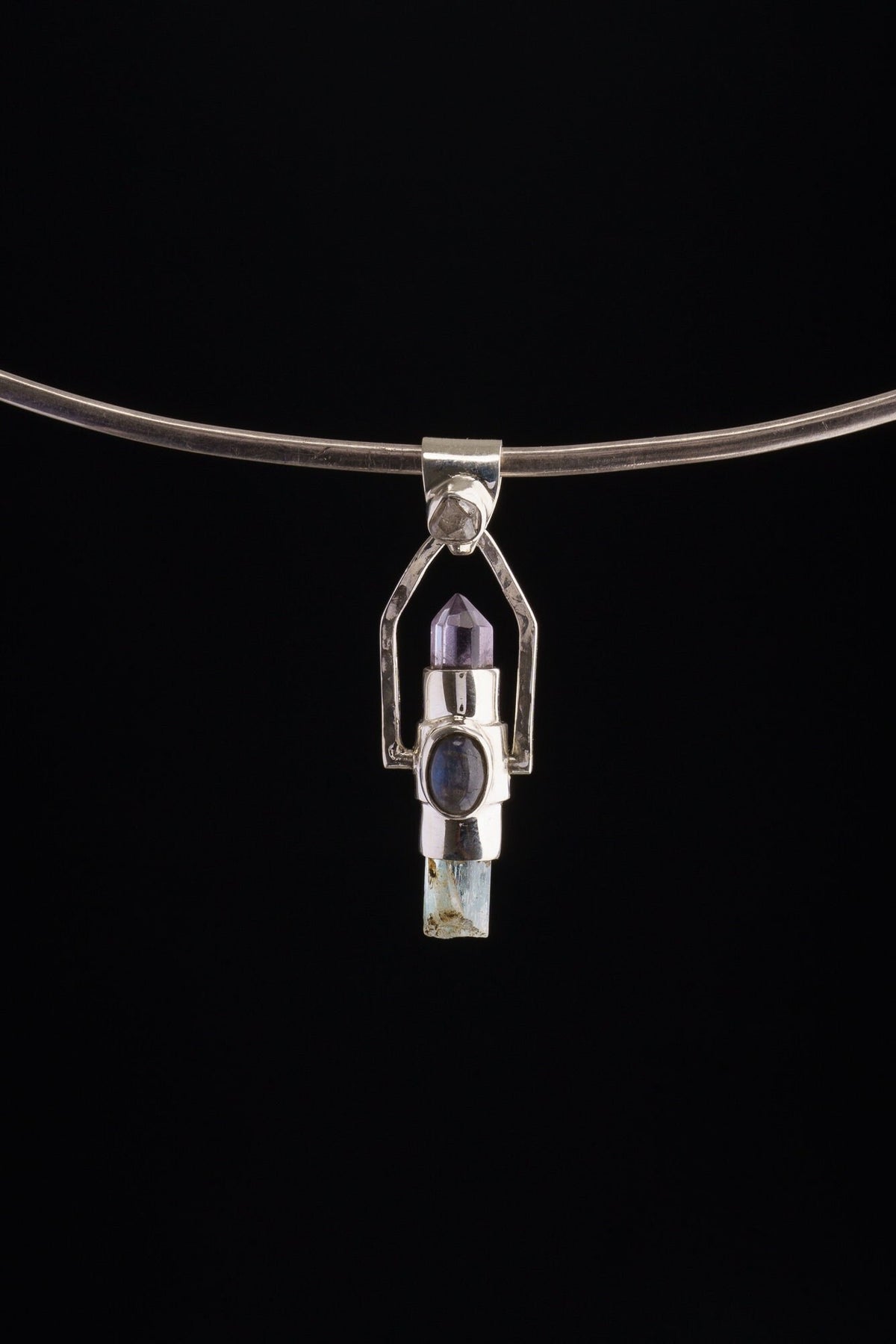 Raw Aquamarine & Generator Amethyst Point with a Herkimer Diamond, Labradorite and Apatite - Sterling Silver Set - Spinning Crystal Pendant