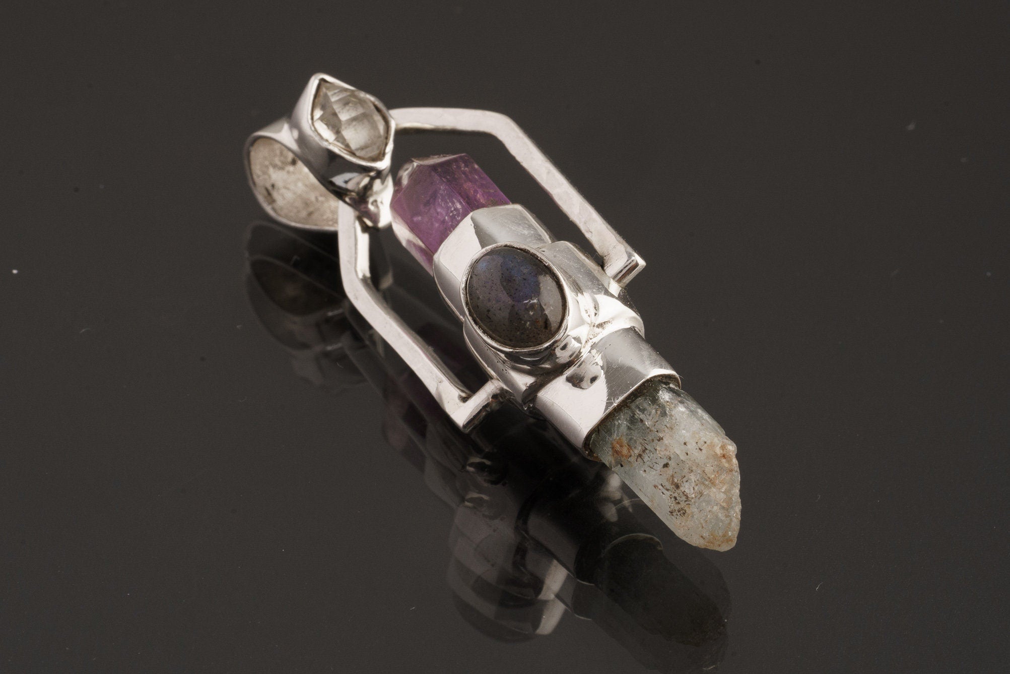 Raw Aquamarine & Generator Amethyst Point with a Herkimer Diamond, Labradorite and Apatite - Sterling Silver Set - Spinning Crystal Pendant