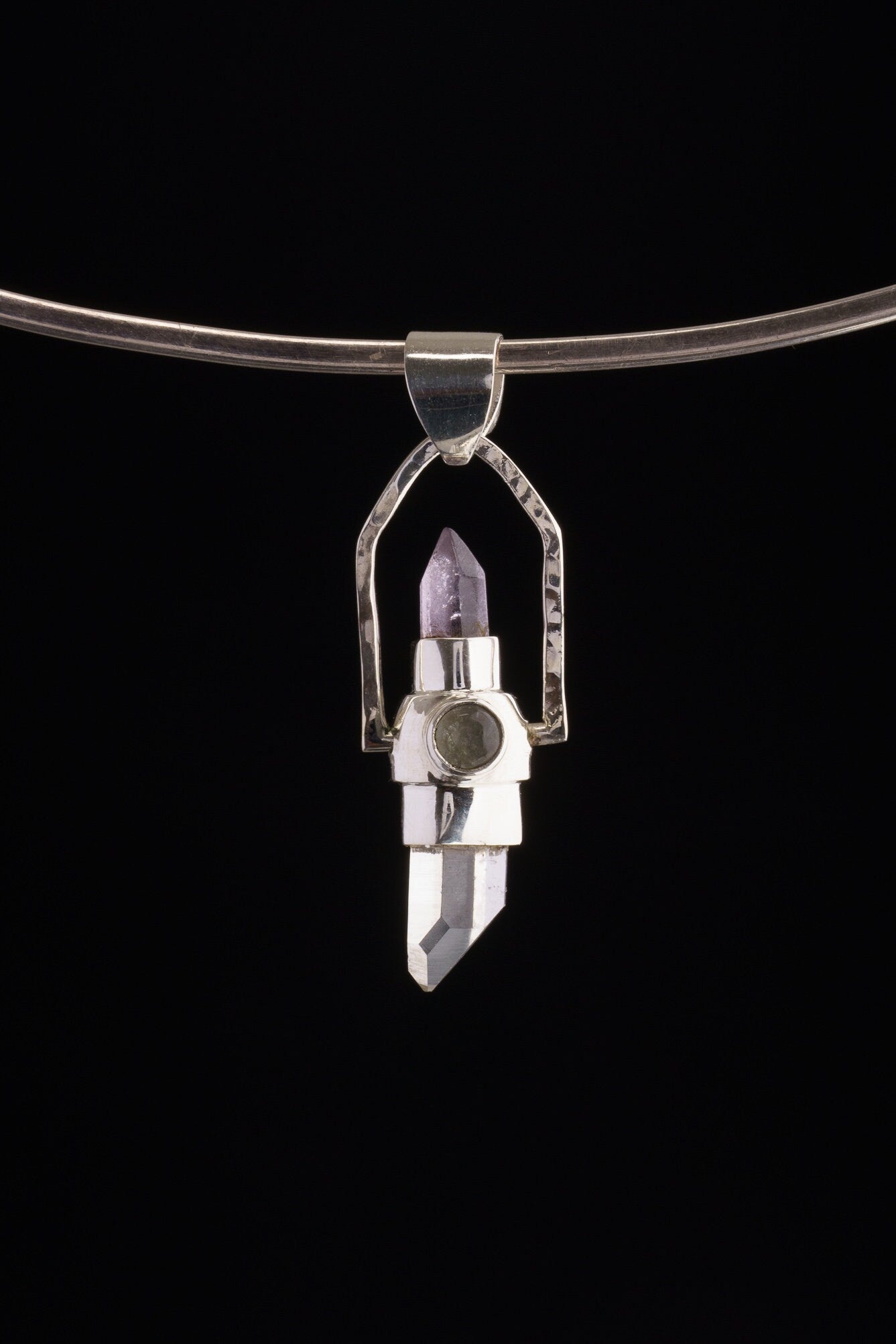 Himalayan Quartz & Amethyst Point with a Aquamarine, Labradorite and Apatite - Sterling Silver Set - Spinning Crystal Pendant
