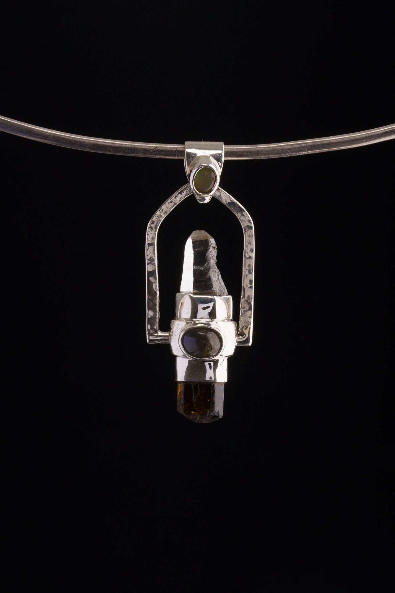 Himalayan Lazer & Gem Dravite Tourmaline with a Ethiopian opal, Labradorite, Aquamarine - Sterling Silver Set - Spinning Crystal Pendant