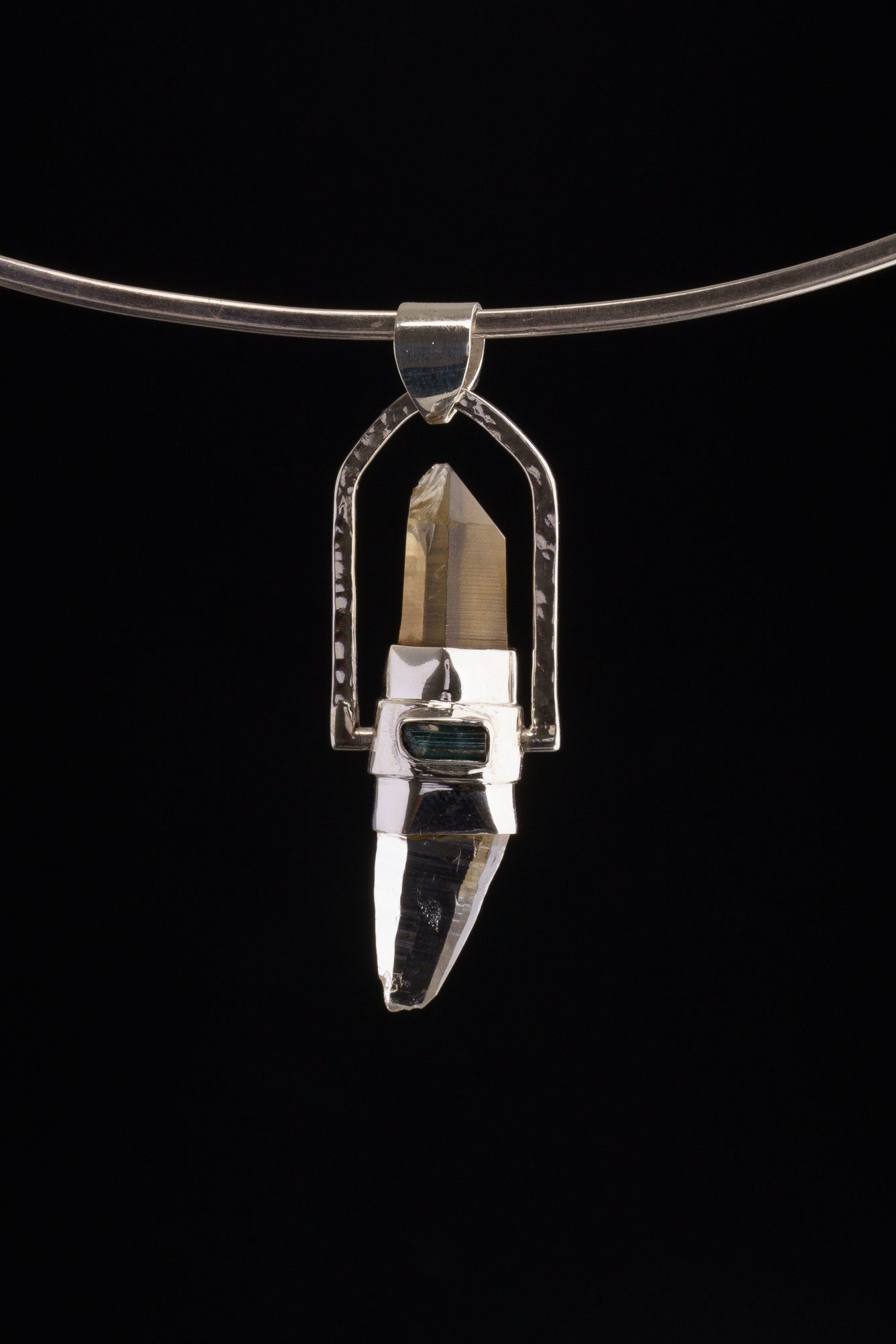 Himalayan Lazer & Lemurian Citrine with a Blue Tourmaline, Labradorite and Raw Emerald- Sterling Silver Set - Spinning Crystal Pendant