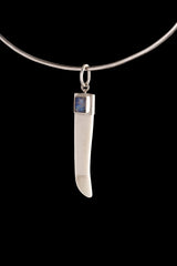 Square Deep Blue Moonstone- Spice / Ceremonial Spoon - Carved Ancient Bones - Solid 925 Silver Cap - Crystal Pendant Necklace -