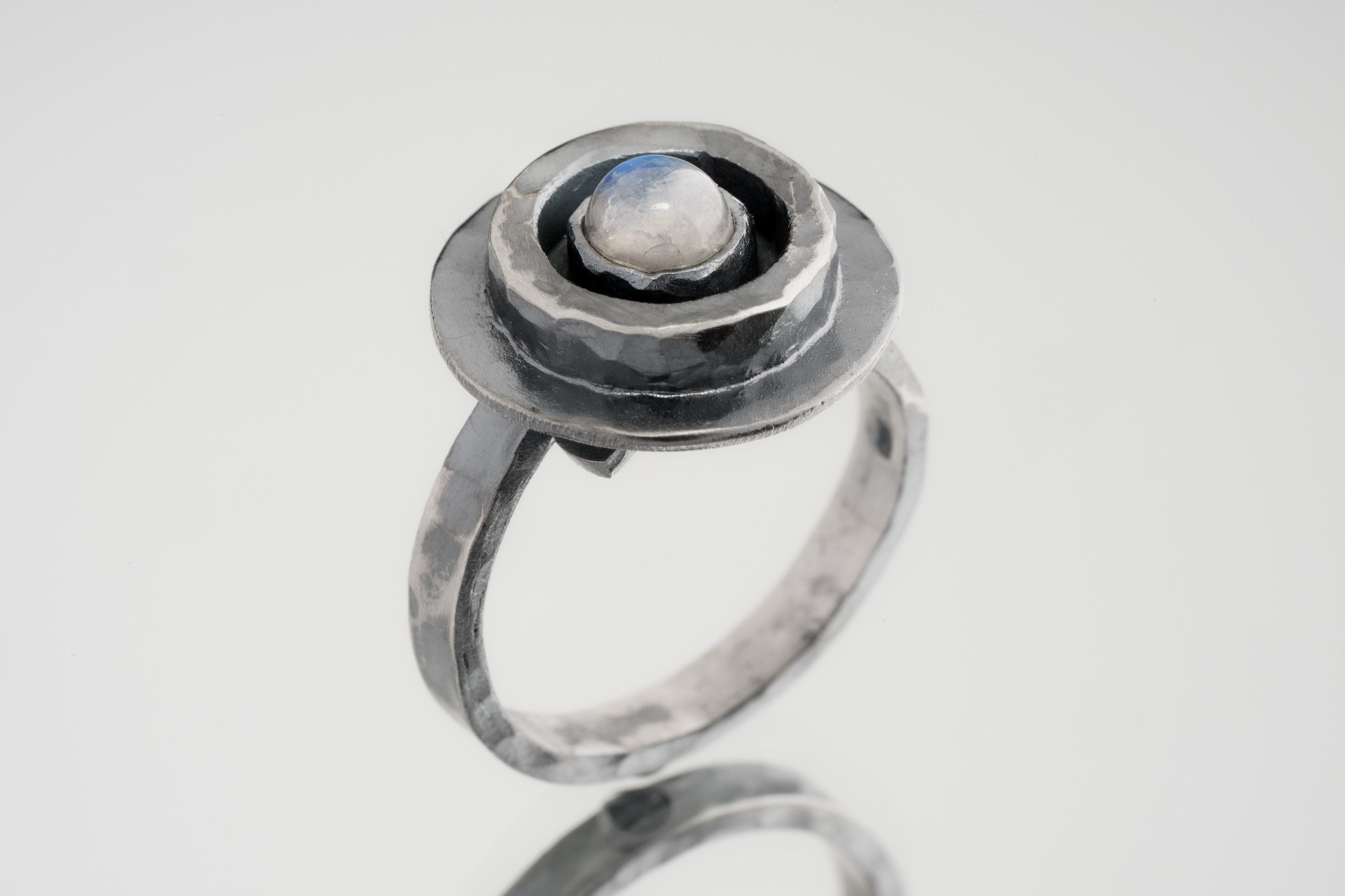 Blue Moonstone Dome Cab - Oxidised Rustick Boho Vibe - 925 Sterling Silver - Heavy Set Adjustable Textured Ring - Size 5-10 US
