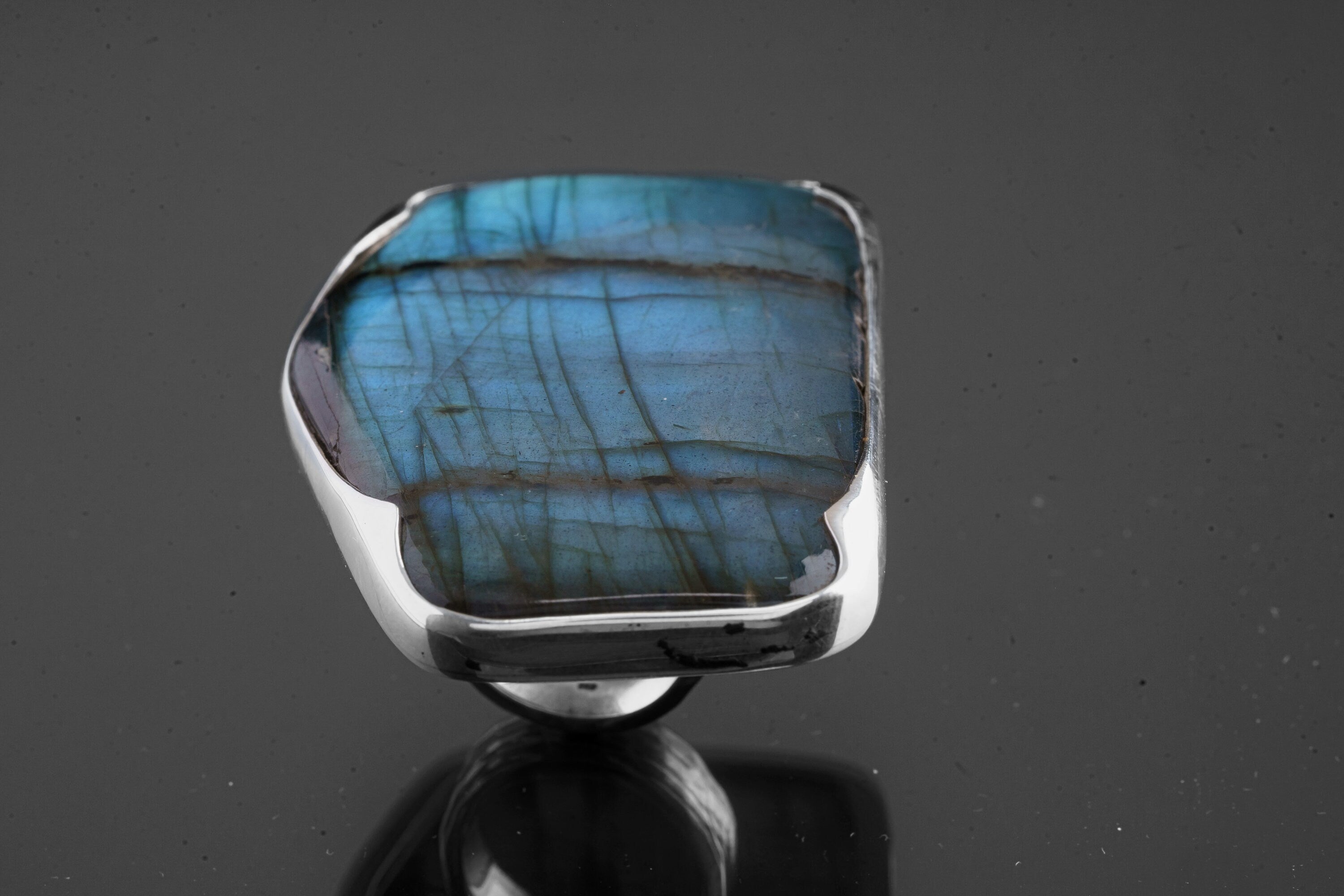 Big AAA Blue Labradorite Freeform Wing Shaped (Has a Twin) - 925 Sterling Silver - Heavy Set Adjustable Textured Ring - Size 5-10 US