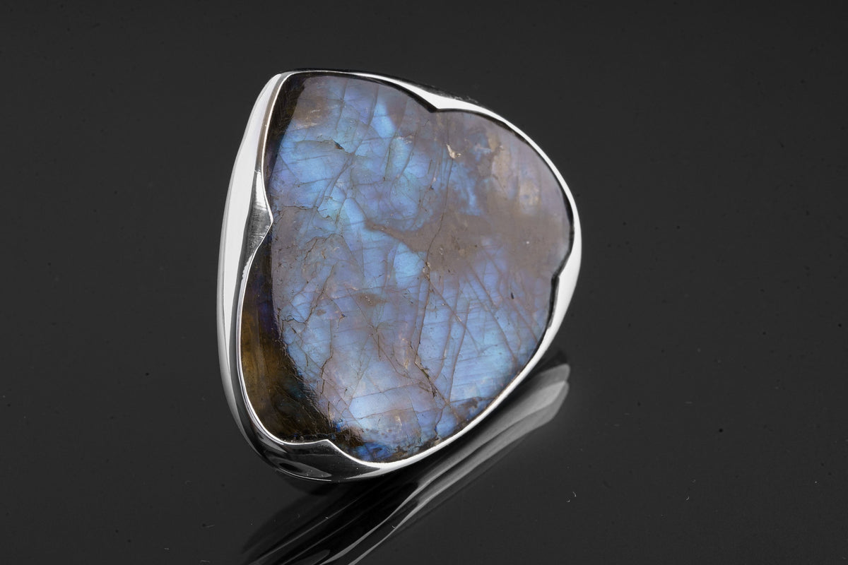 Big AAA Blue Labradorite tear Drop - 925 Sterling Silver - Heavy Set Adjustable Textured Ring - Size 5-10 US