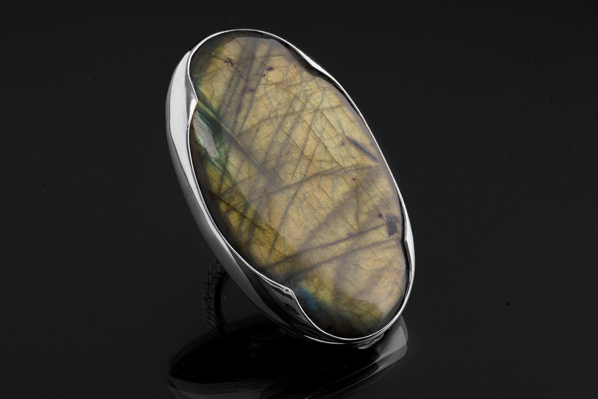 Big AAA Golden Labradorite Oval - 925 Sterling Silver - Heavy Set Adjustable Textured Ring - Size 5-10 US
