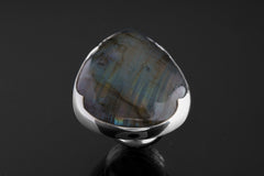 Big AAA Blue Labradorite Tear Drop - 925 Sterling Silver - Heavy Set Adjustable Textured Ring - Size 5-10 US