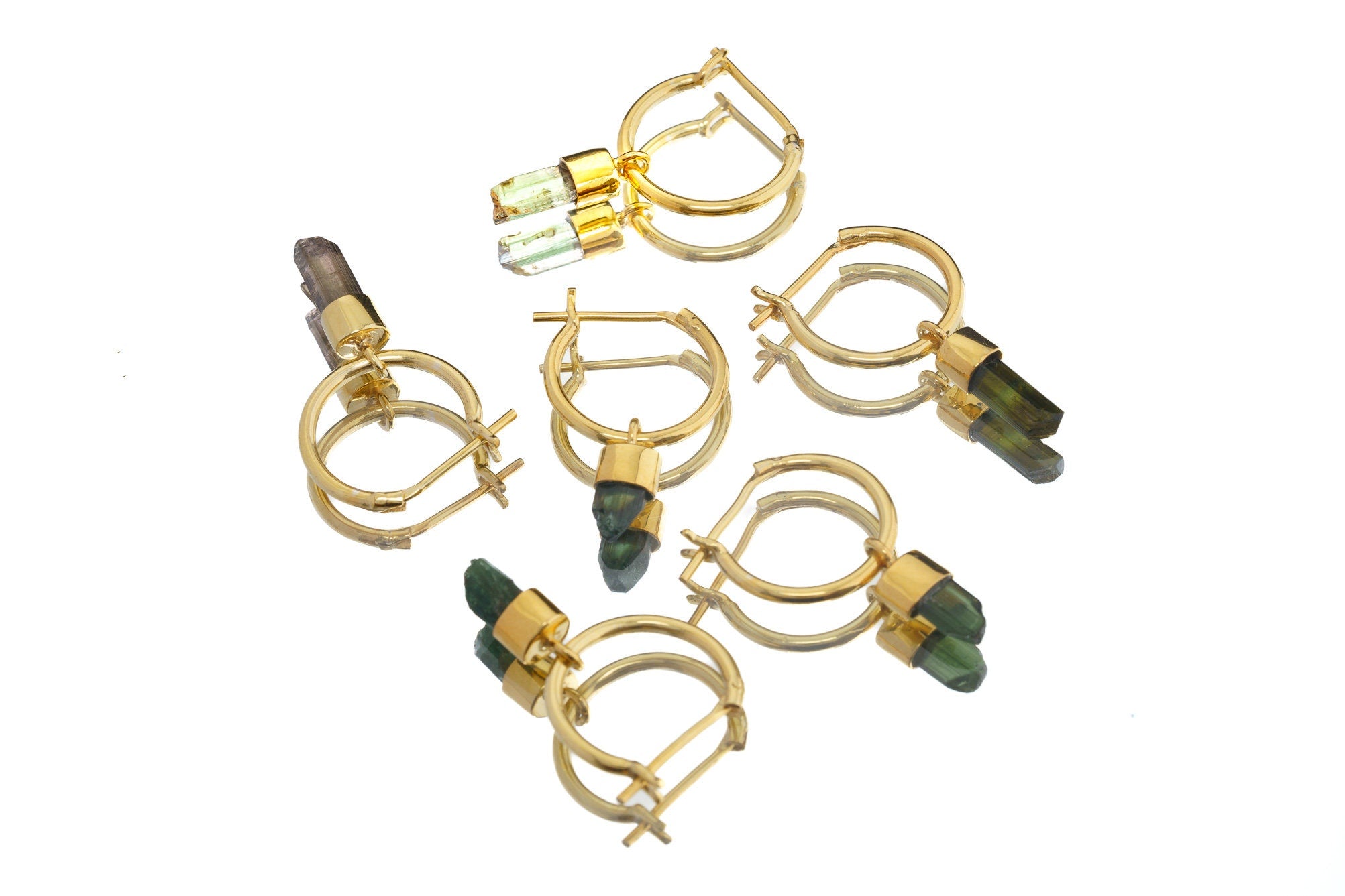 Natural Green Himalayan Tourmaline Wand - Gold Plated Sterling Silver - Solid V Clasp Hoop Earring - No.2
