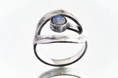 Round Blue Moonstone - 925 Sterling Silver - Heavy Set Adjustable Loop Ring - Scratch Textured - Size 5-9 US - NO/2