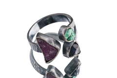 Raw Gem Ruby Saphire & Emerald - 925 Sterling Silver - Multi Stone - Textured and oxidised - Open Ring Band - Adjustable US 6 - 10 - NO/1