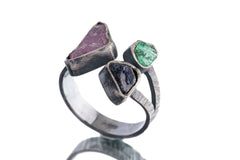 Raw Gem Ruby Saphire & Emerald - 925 Sterling Silver - Multi Stone - Textured and oxidised - Open Ring Band - Adjustable US 6 - 10 - NO/1
