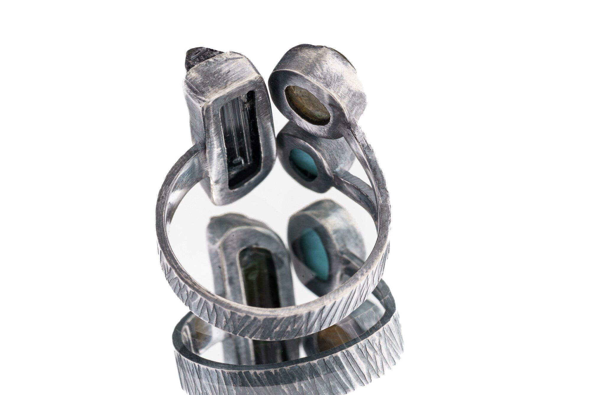 Larimar, Labradorite & Gem Tourmaline- 925 Sterling Silver - Multi Stone - Textured, Oxidised - Open Ring Band - Adjustable US 6 - 10 - NO/8