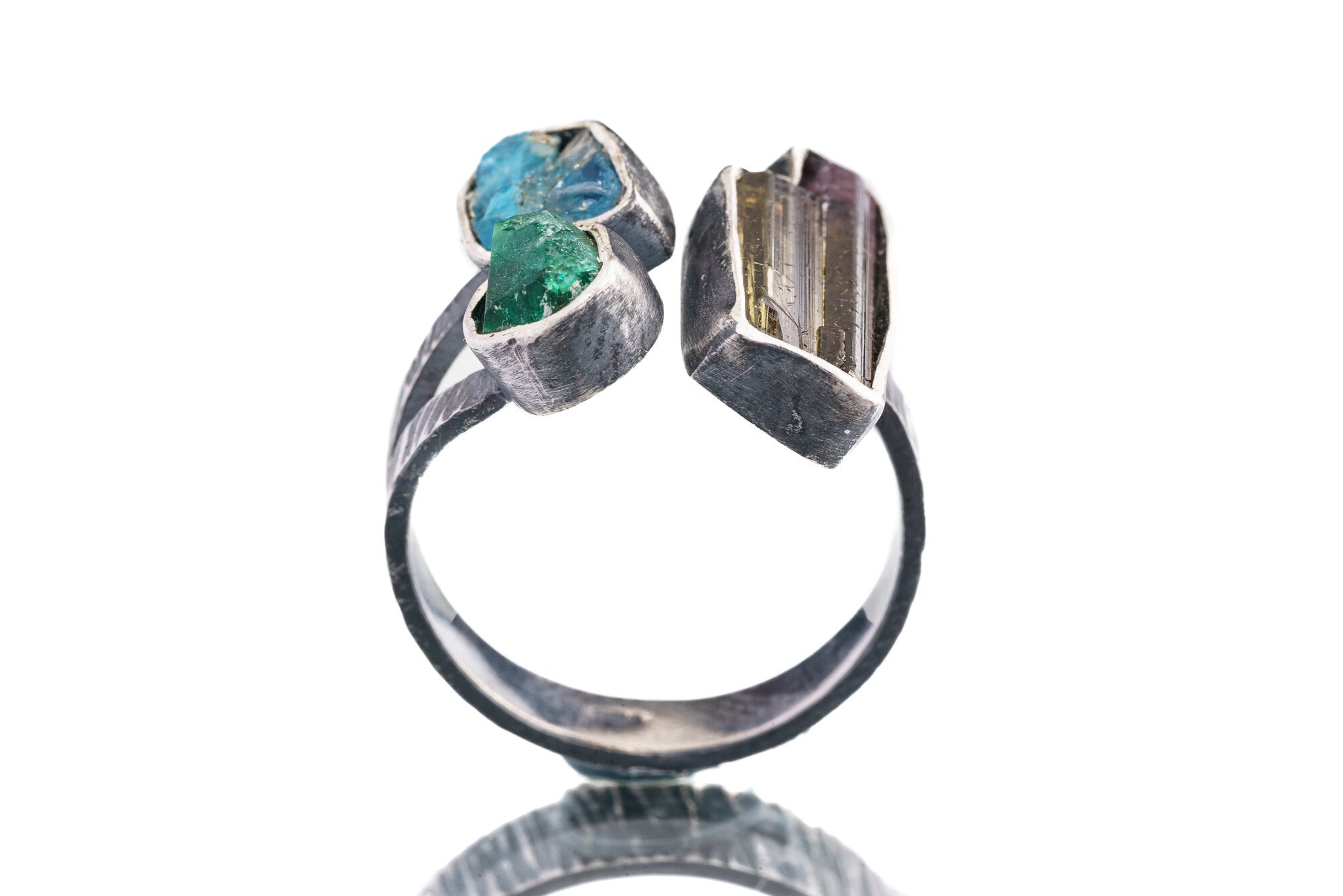 Smoky Quartz, Emerald & Apatite - 925 Sterling Silver - Multi Stone - Textured, Oxidised - Open Ring Band - Adjustable US 6 - 10 - NO/15