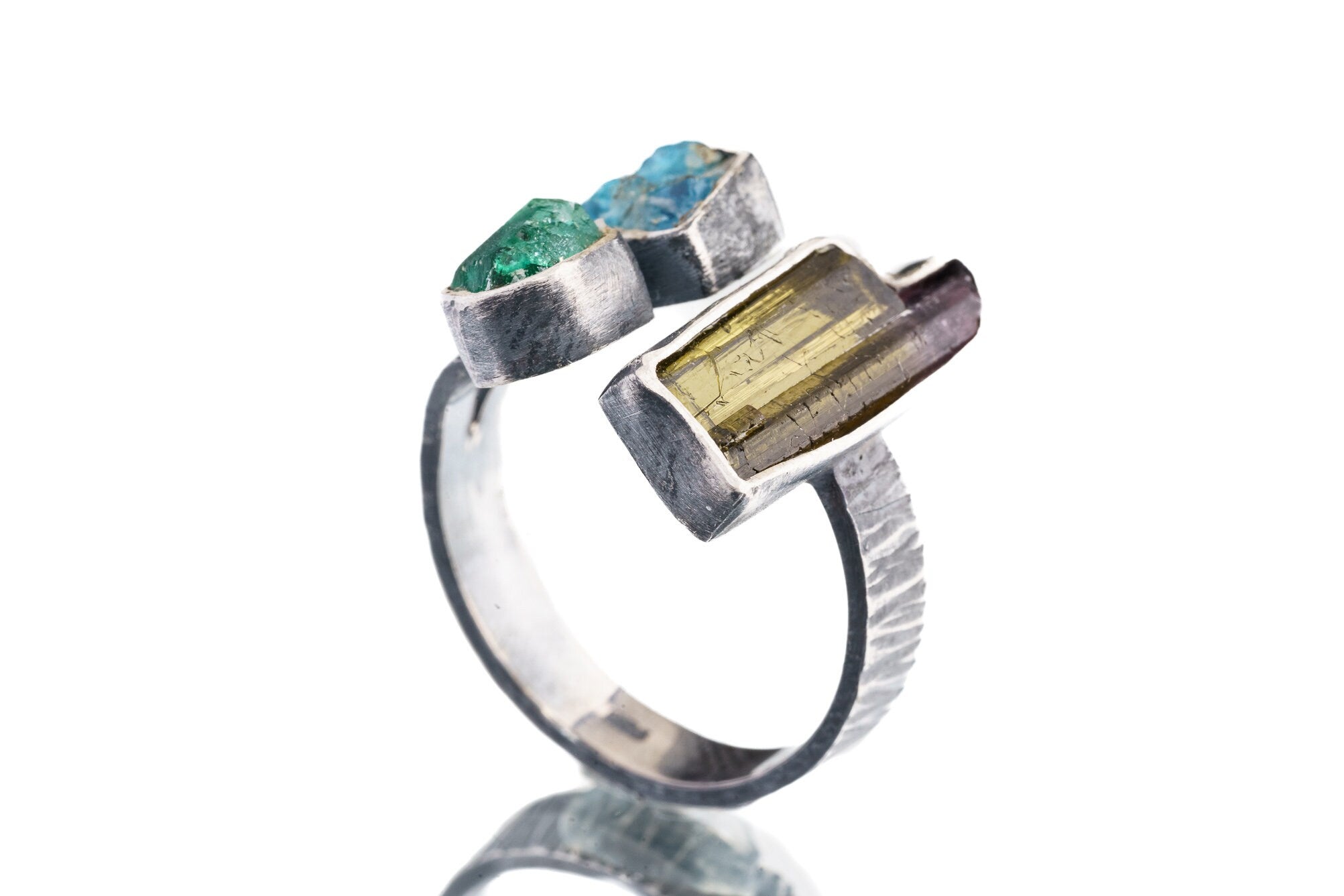 Smoky Quartz, Emerald & Apatite - 925 Sterling Silver - Multi Stone - Textured, Oxidised - Open Ring Band - Adjustable US 6 - 10 - NO/15