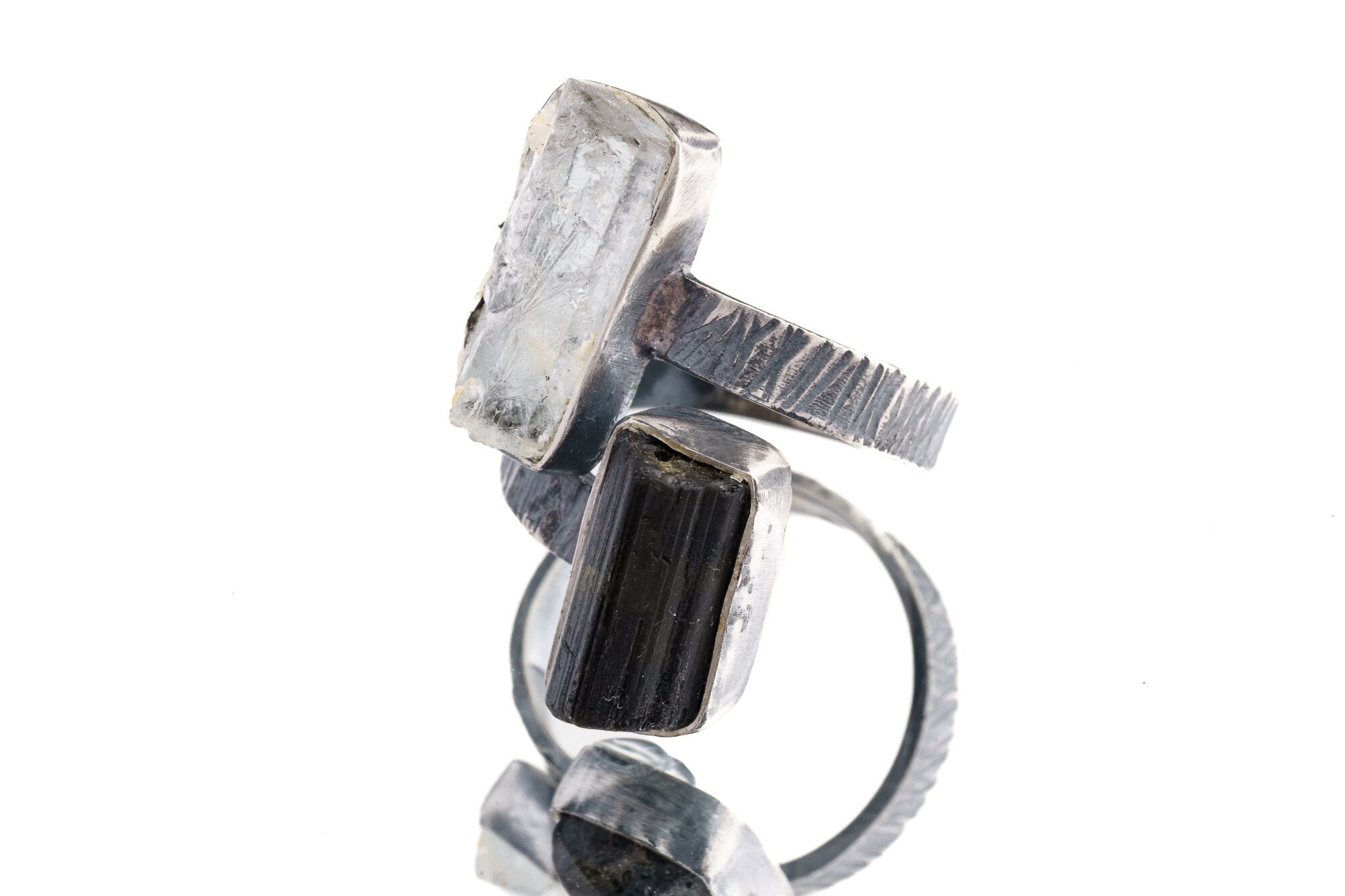 Aquamarine & Gem Tourmaline- 925 Sterling Silver - Double Stone - Textured, Oxidised - Open Ring Band - Adjustable US 4 - 10 - NO/1