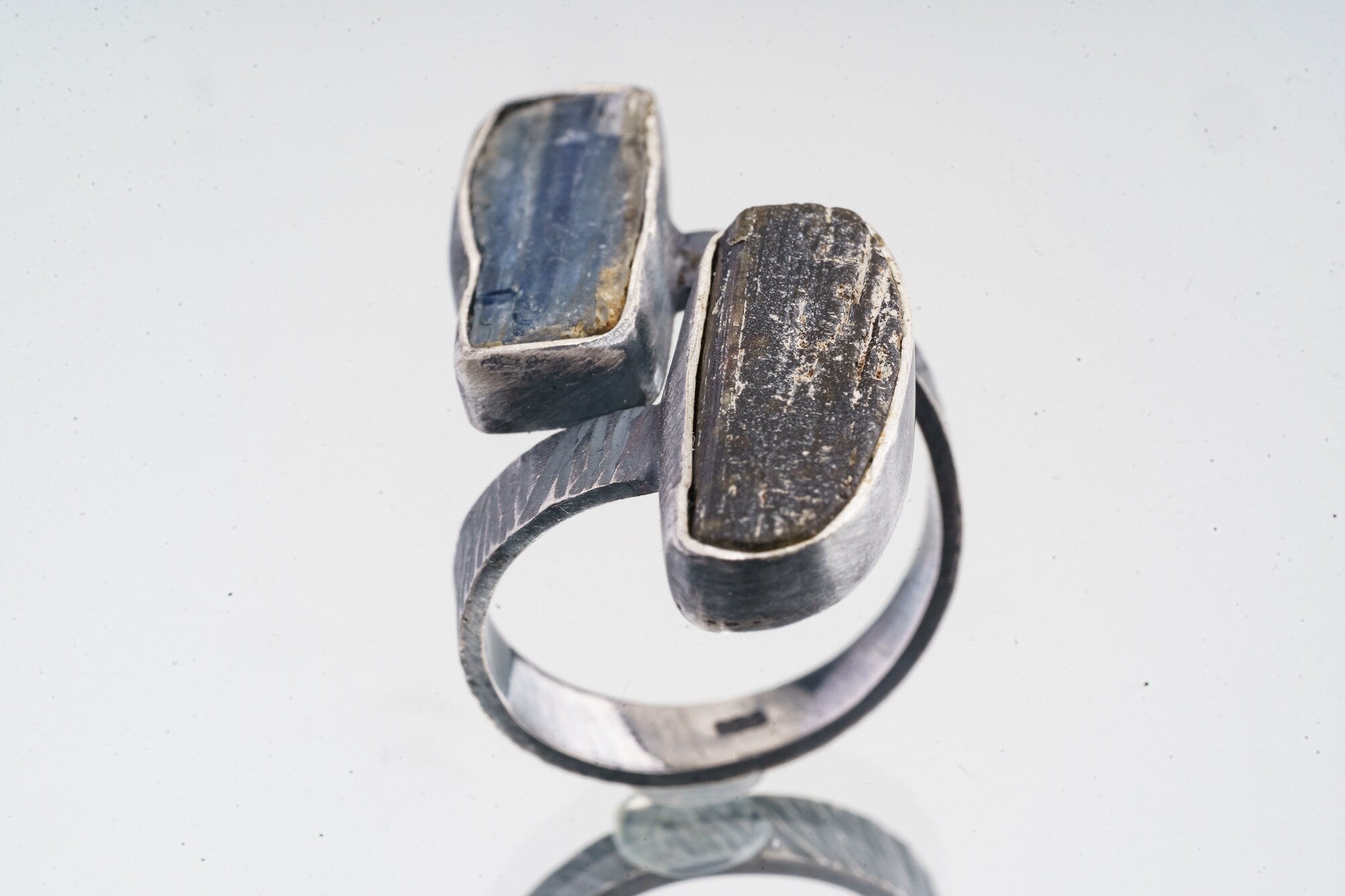 Blue Kyanite & Gem Tourmaline- 925 Sterling Silver - Double Stone - Textured, Oxidised - Open Ring Band - Adjustable US 4-10 - NO/7