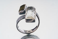 Aquamarine & Gem Tourmaline- 925 Sterling Silver - Double Stone - Textured, Oxidised - Open Ring Band - Adjustable US 4-10 - NO/8