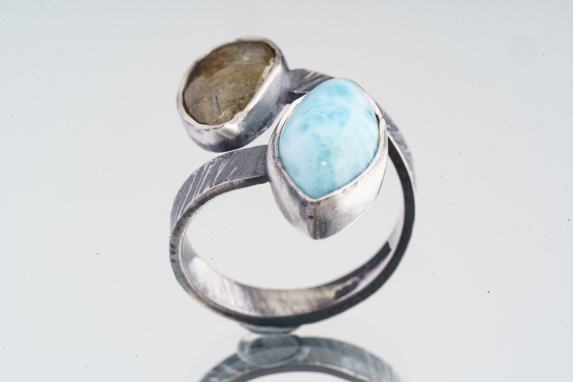 Larimar & Labradorite Eye - 925 Sterling Silver - Double Stone - Textured, Oxidised - Open Ring Band - Adjustable US 4-10 - NO/10