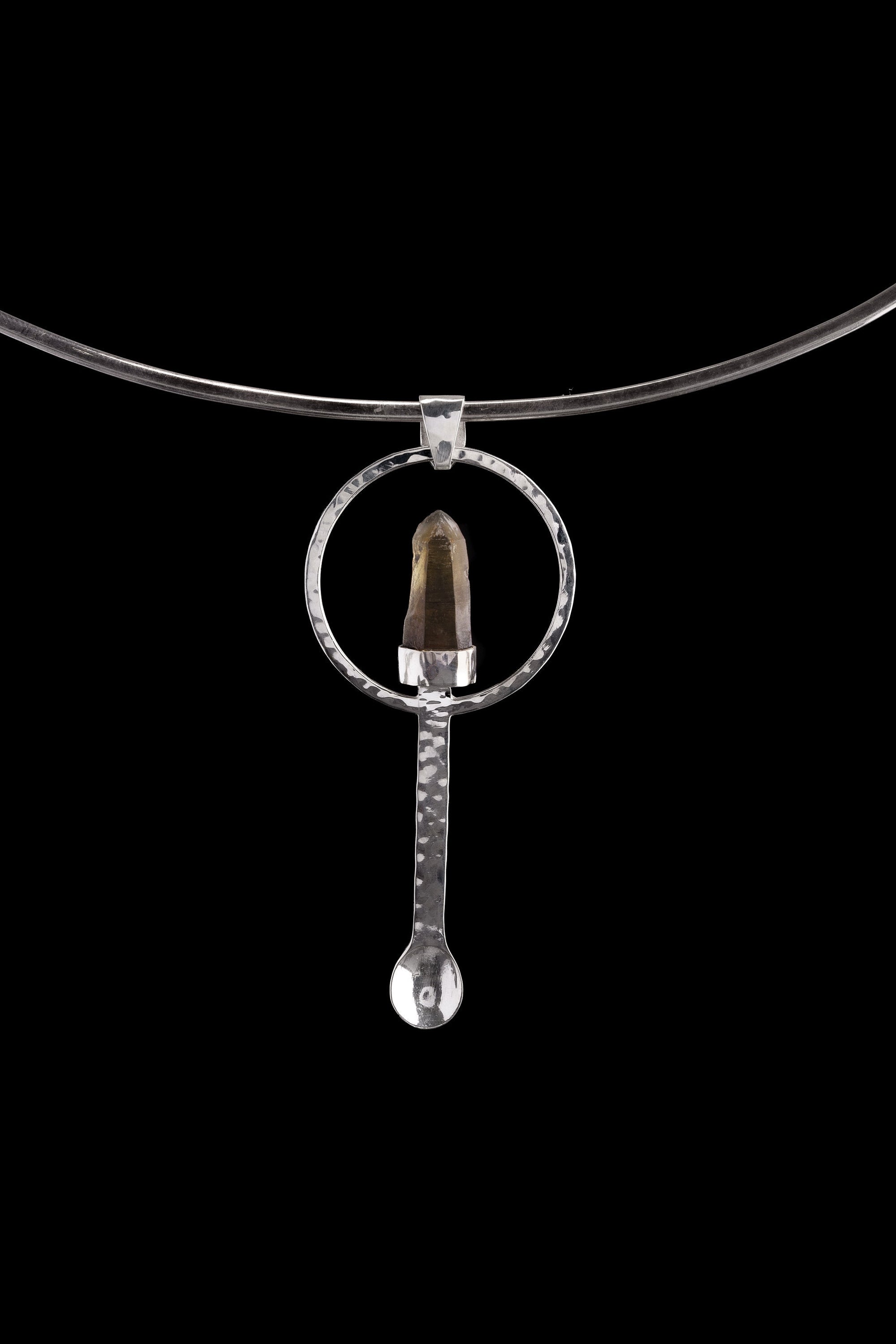 Natural Citirine Quartz Point - Spice / Ceremonial Spoon - 925 Cast Silver - Unique Hammer Textured - Crystal Pendant Necklace -