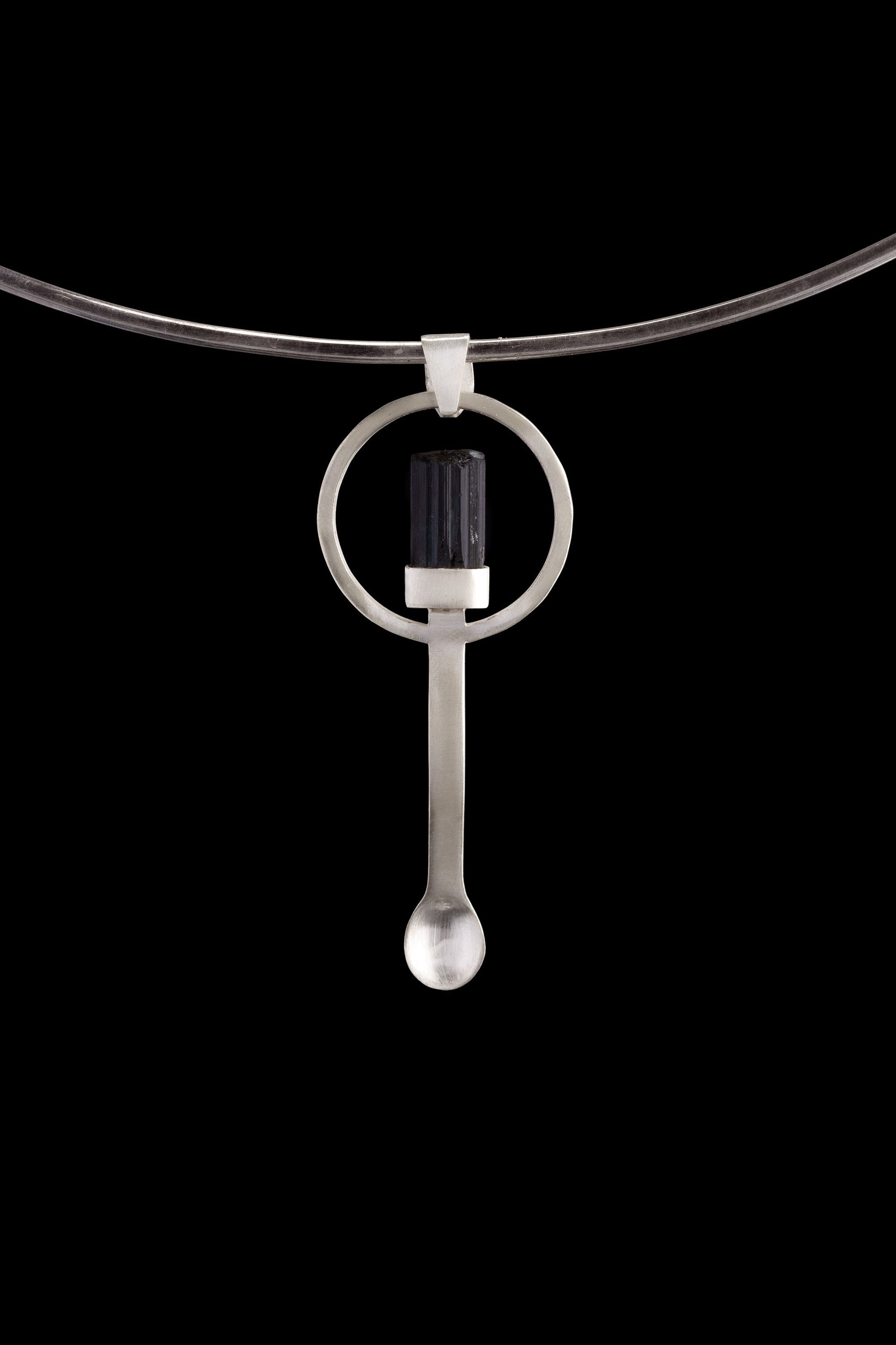 Black Tourmaline Wand - Small Spice / Ceremonial Spoon - Solid 925 Cast Silver - Unique Brush Textured - Crystal Pendant Necklace -