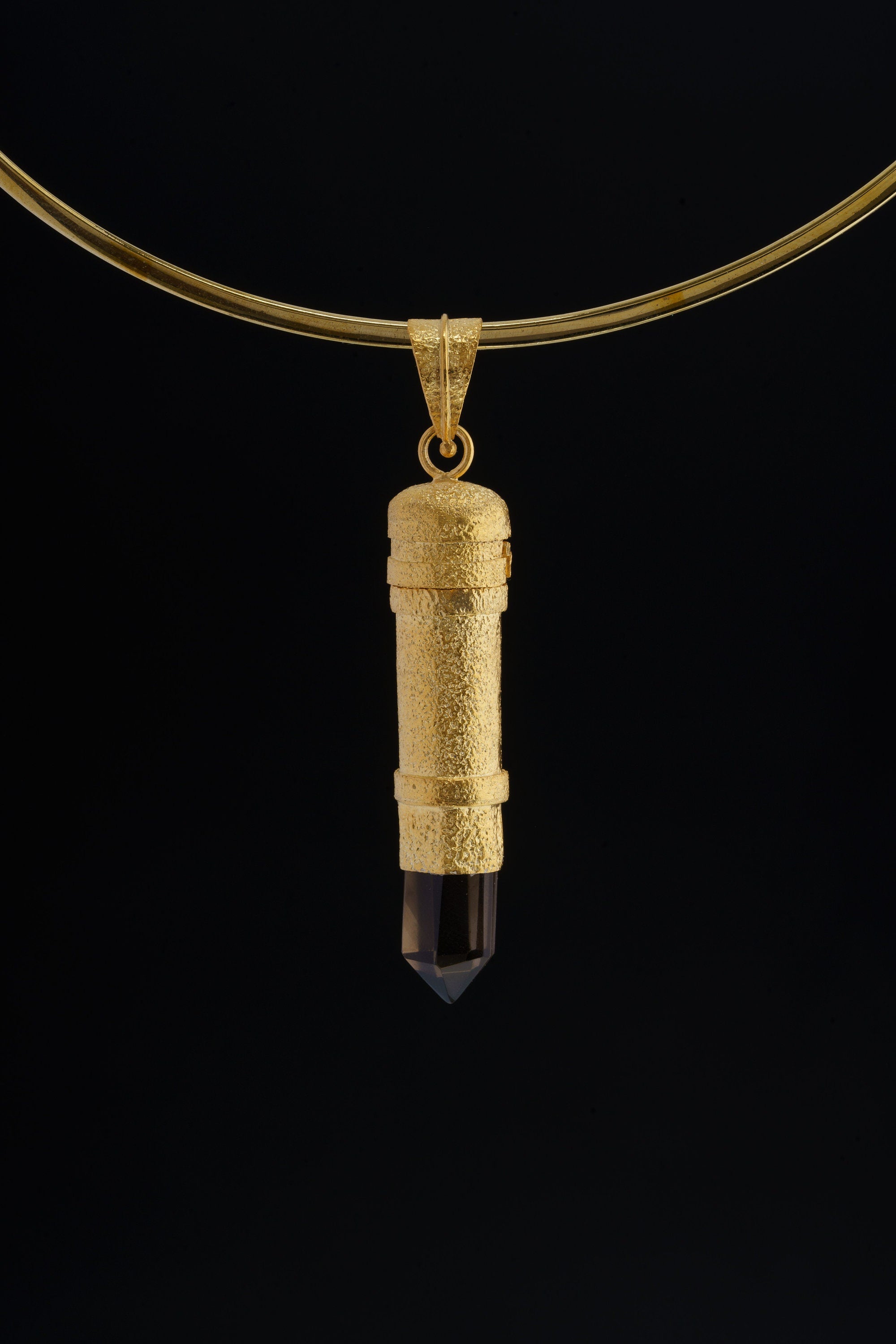 Cut Smoky Generator Quartz - Sizable Solid Capsule Locket - Stash Urn - Textured & Gold Plated Sterling Silver Pendant - No 20