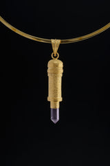 Cut Amethyst Generator Quartz - Sizable Solid Capsule Locket - Stash Urn - Textured & Gold Plated Sterling Silver Pendant - No 23