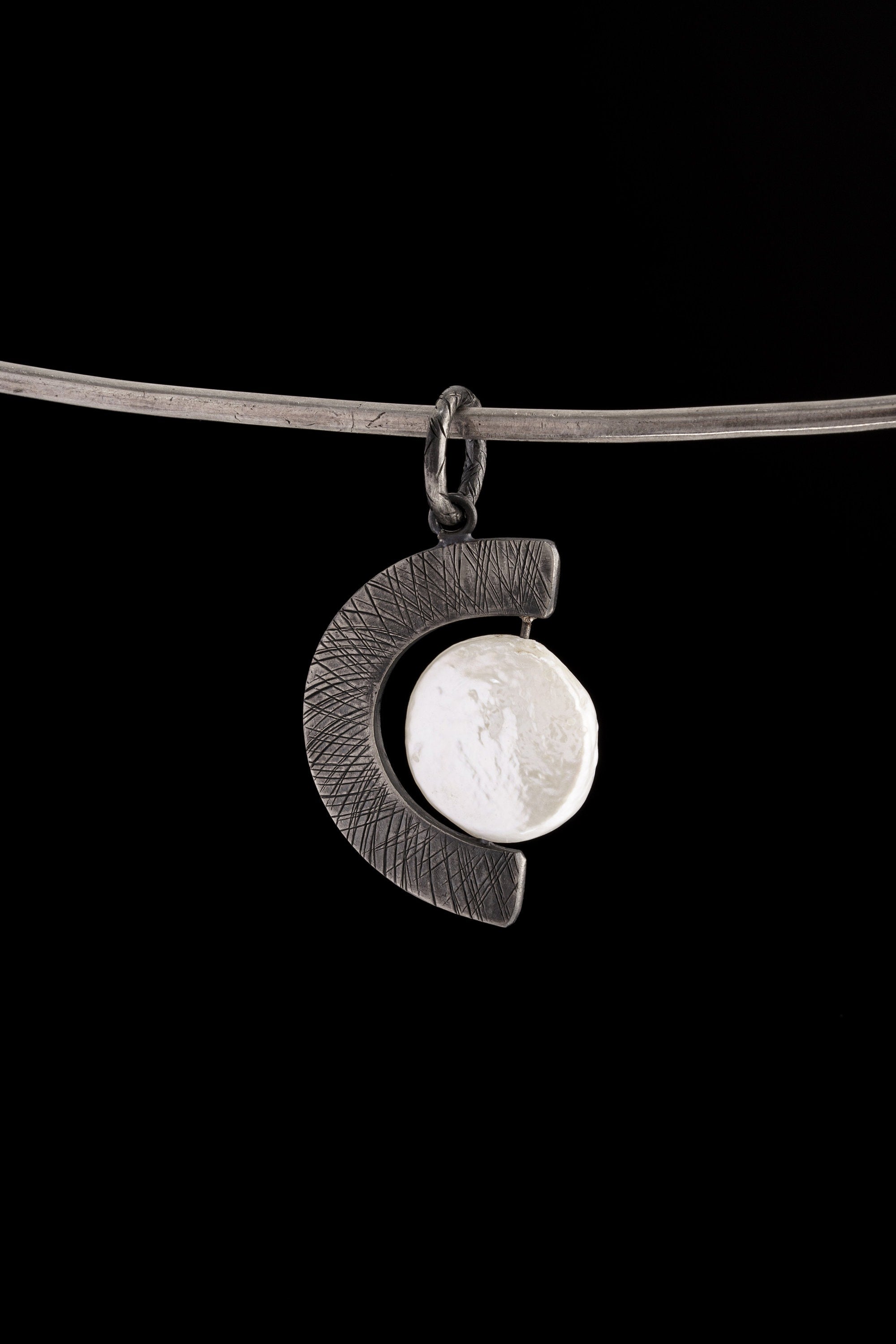 Cycles of the Moon - Circular Big Pearl - Thick Oxidised Sterling Silver - Criss Cross Textured - Spinning Pendant Crystal Necklace