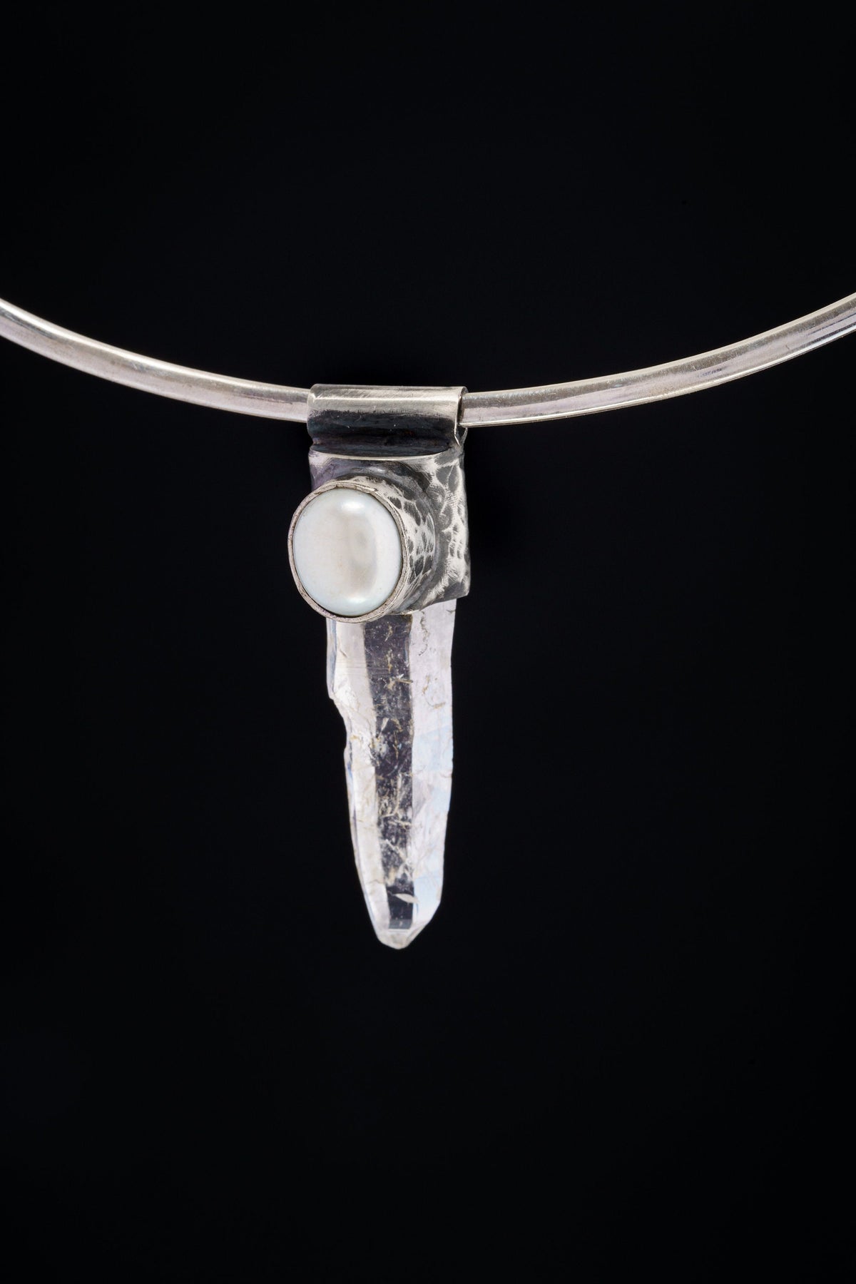 Nepali Lemurian Super Clear Edged Laser Quartz Point with a South Sea Pearl - Stack Pendant - Textured & Oxidised 925 Sterling Silver - NO 7
