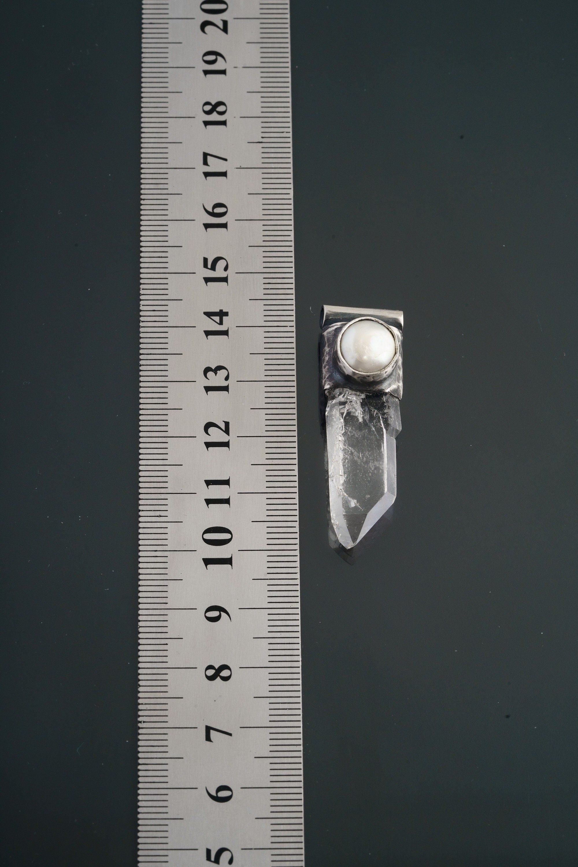Nepali Lemurian Super Clear Edged Quartz Point with a South Sea Pearl - Stack Pendant - Textured & Oxidised 925 Sterling Silver - NO 9