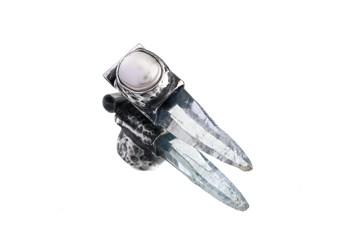 Nepali Lemurian Super Clear Edged Laser Quartz Point with a South Sea Pearl - Stack Pendant - Textured & Oxidised 925 Sterling Silver - NO12