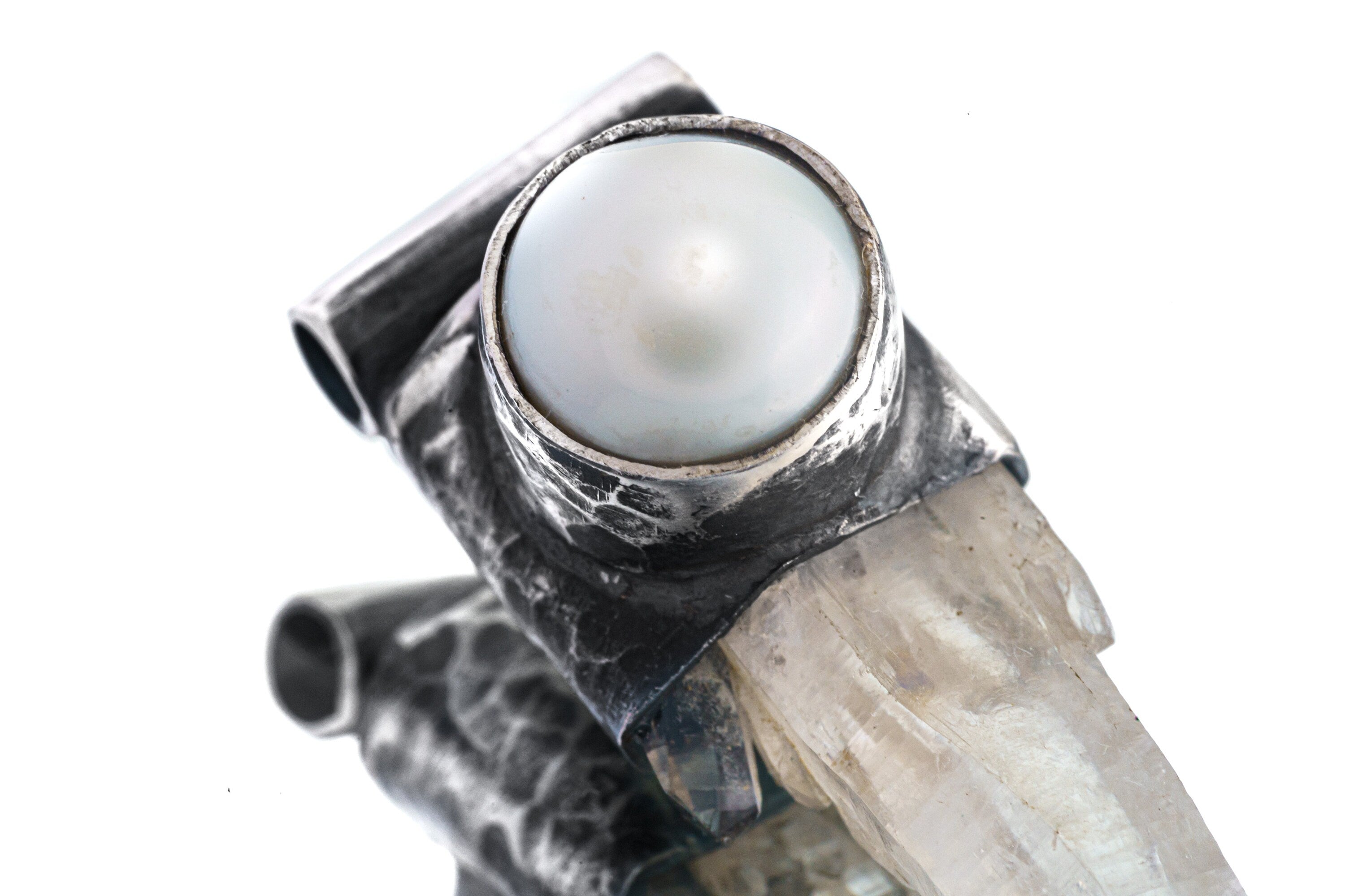 Nepali Lemurian Drusy Laser Quartz Point with a South Sea Pearl - Stack Pendant - Textured & Oxidised 925 Sterling Silver - NO16