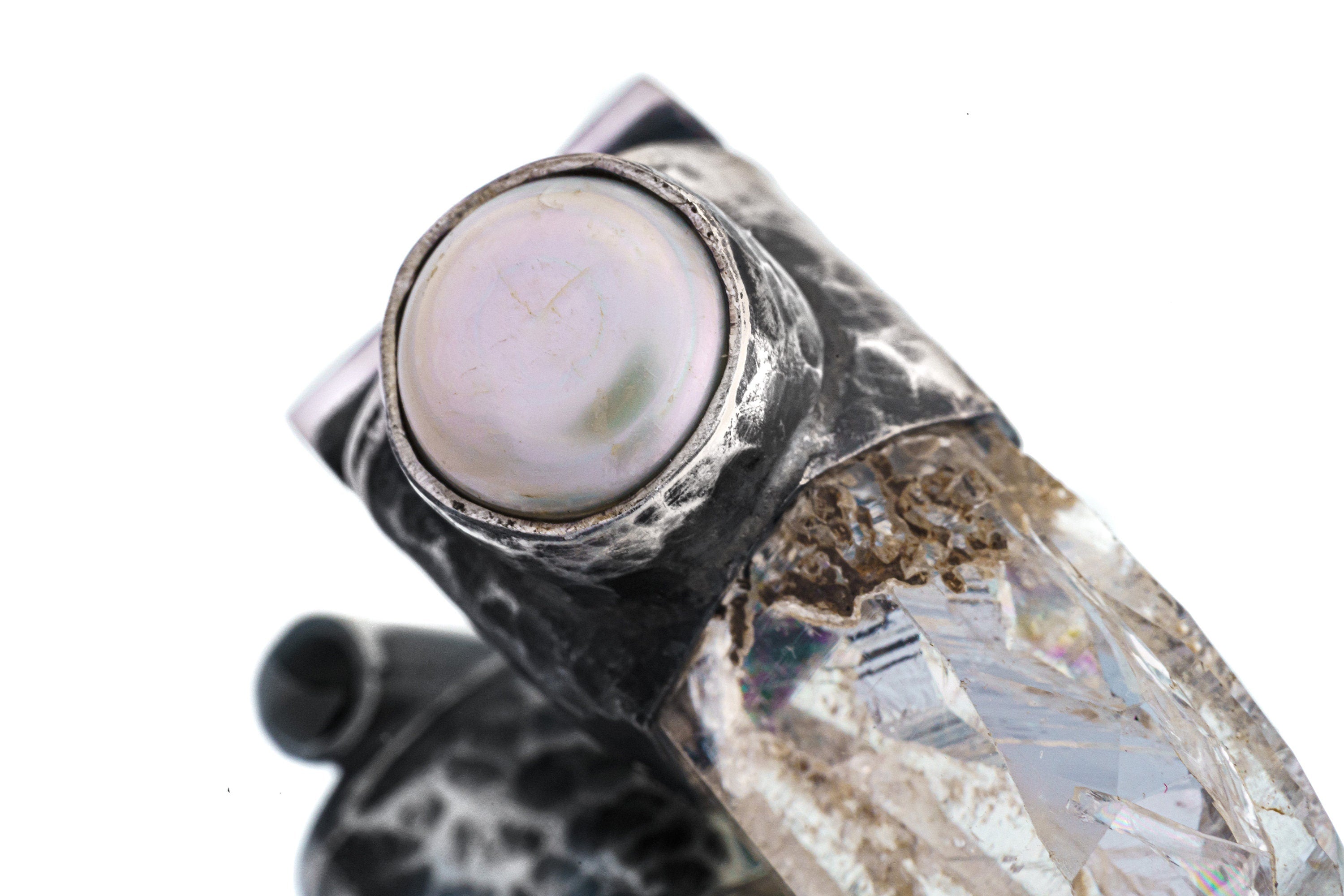 NEPLAE Brown Chlorite Twin Quartz Point with a South Sea Pearl - Stack Pendant - Textured & Oxidised 925 Sterling Silver - NO18