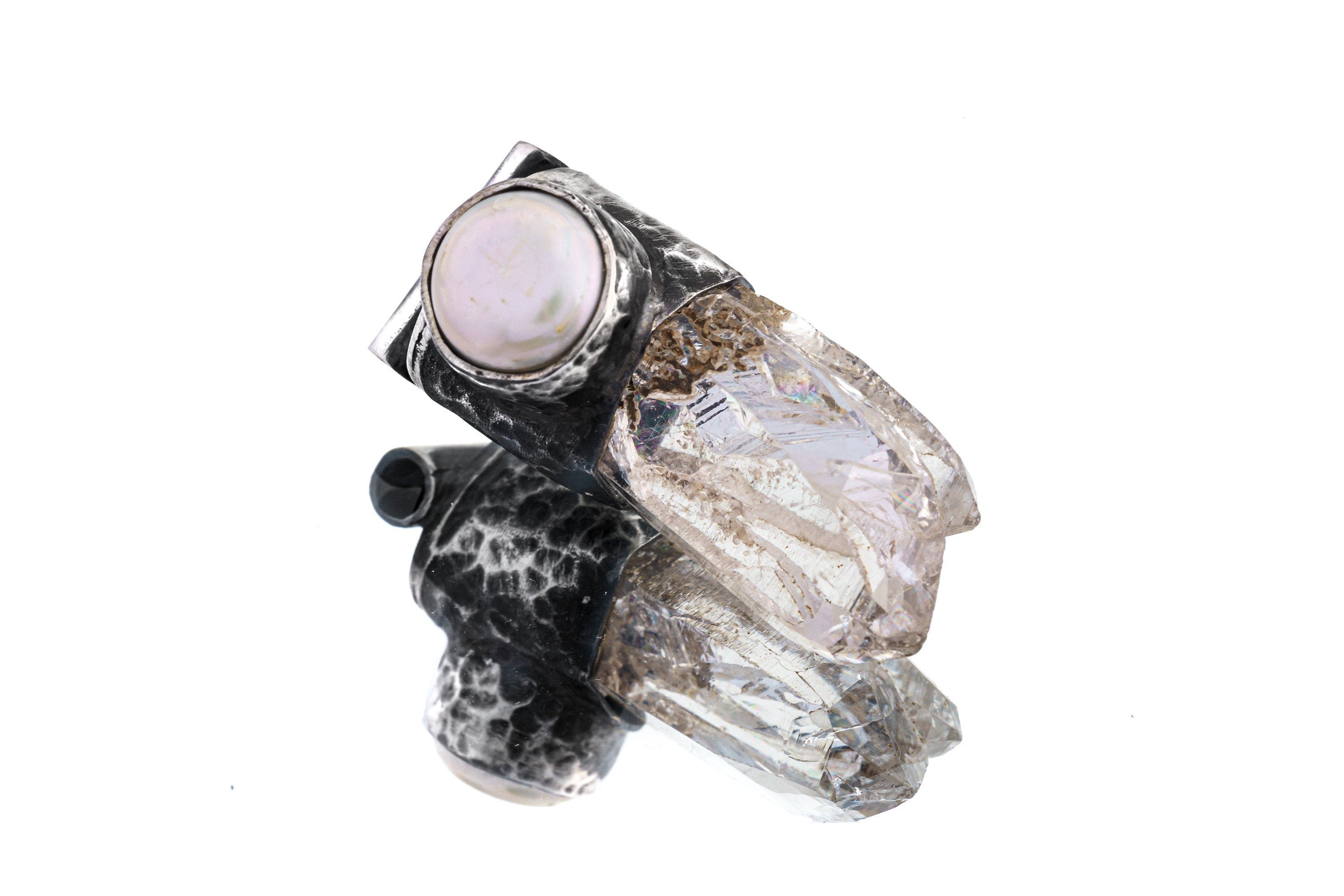 NEPLAE Brown Chlorite Twin Quartz Point with a South Sea Pearl - Stack Pendant - Textured & Oxidised 925 Sterling Silver - NO18