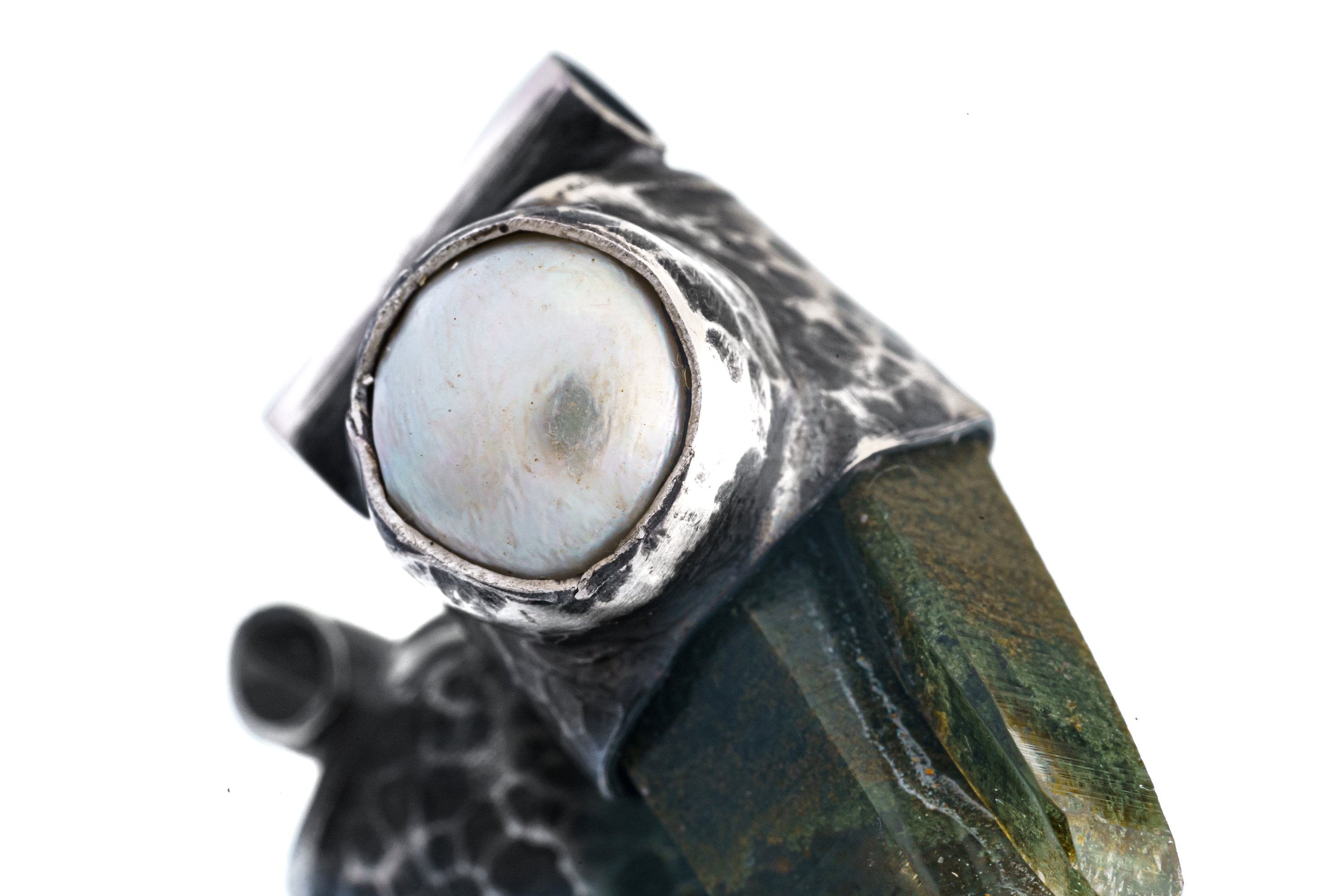 Nepali Brown / Green Phantom Chlorite Twin Quartz with a South Sea Pearl - Stack Pendant - Textured & Oxidised 925 Sterling Silver - NO19
