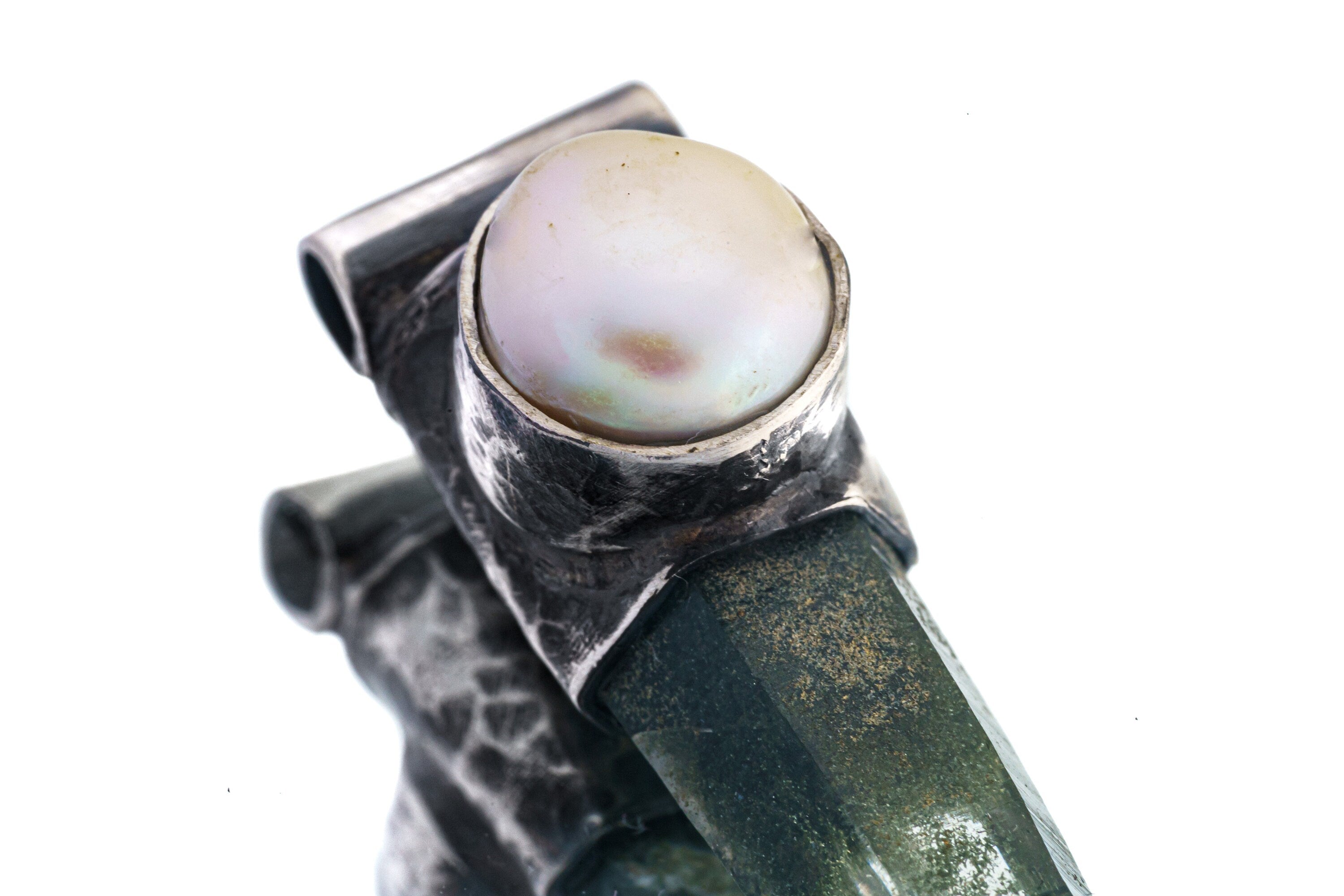 Nepali Green Chlorite Phantom Laser Quartz with a South Sea Pearl - Stack Pendant - Textured & Oxidised 925 Sterling Silver - NO 23