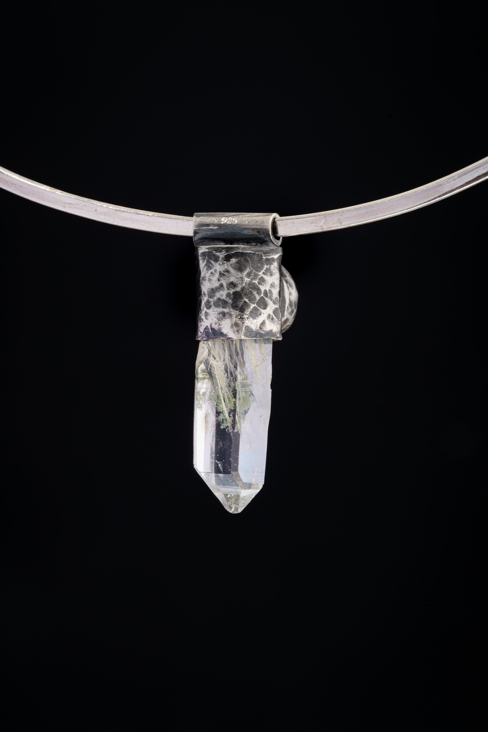 Nepali Yellow/Green Rutile Lemurian Chlorite Quartz with a South Sea Pearl - Stack Pendant - Textured & Oxidised 925 Sterling Silver - NO 26