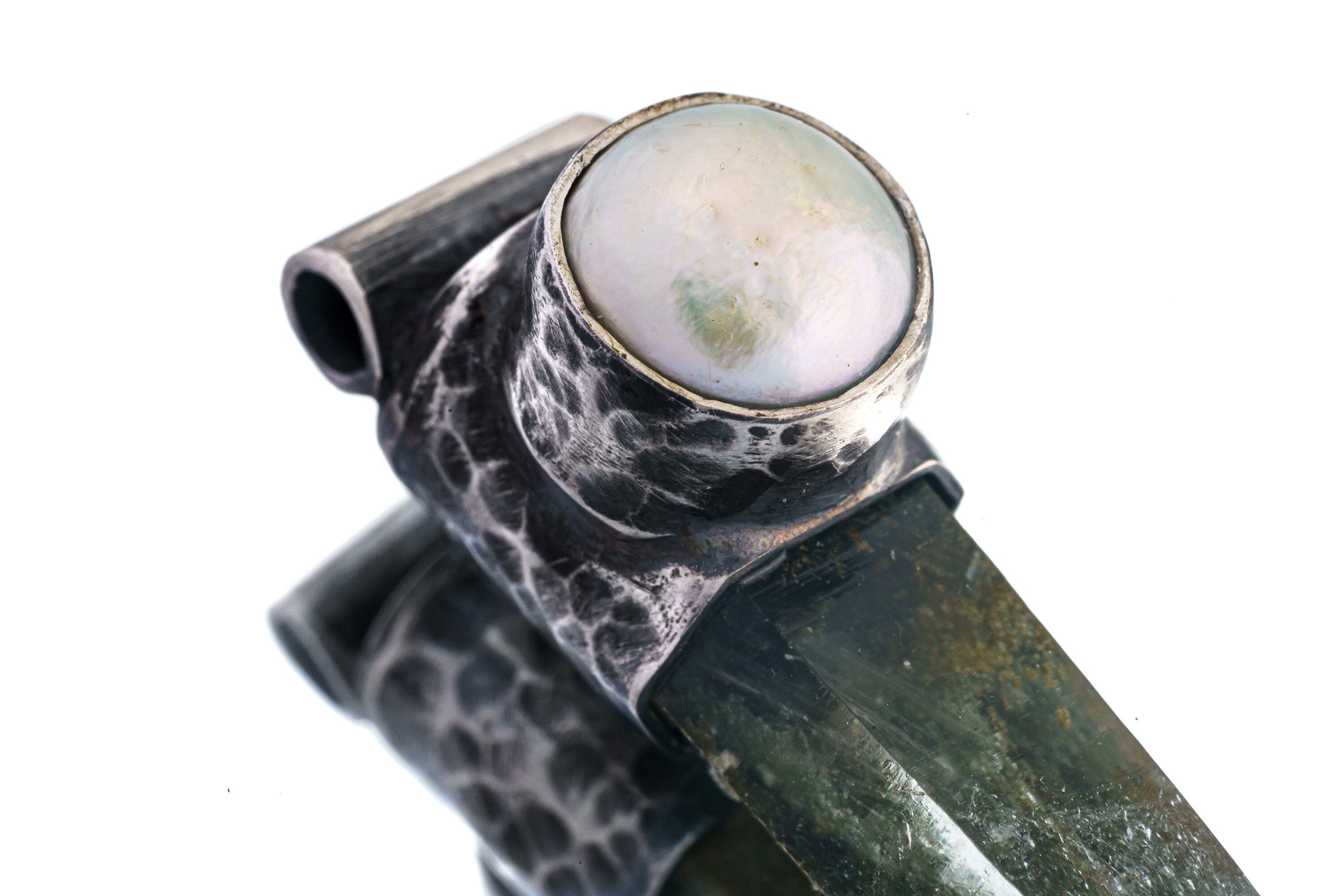 Nepali Yellow / Green Rutile Chlorite Quartz with a South Sea Pearl - Stack Pendant - Textured & Oxidised 925 Sterling Silver - NO 28