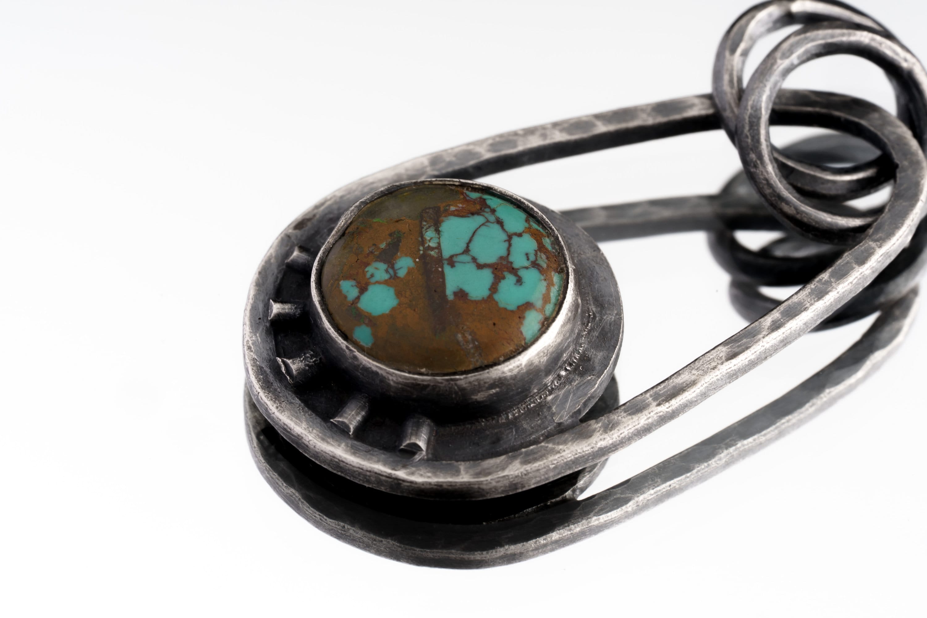 Round Royston Turquoise Cab - Solid Oxidised Textured Sterling Silver - Rustick Boho Oval Sun / Moon - Pendant Crystal Necklace