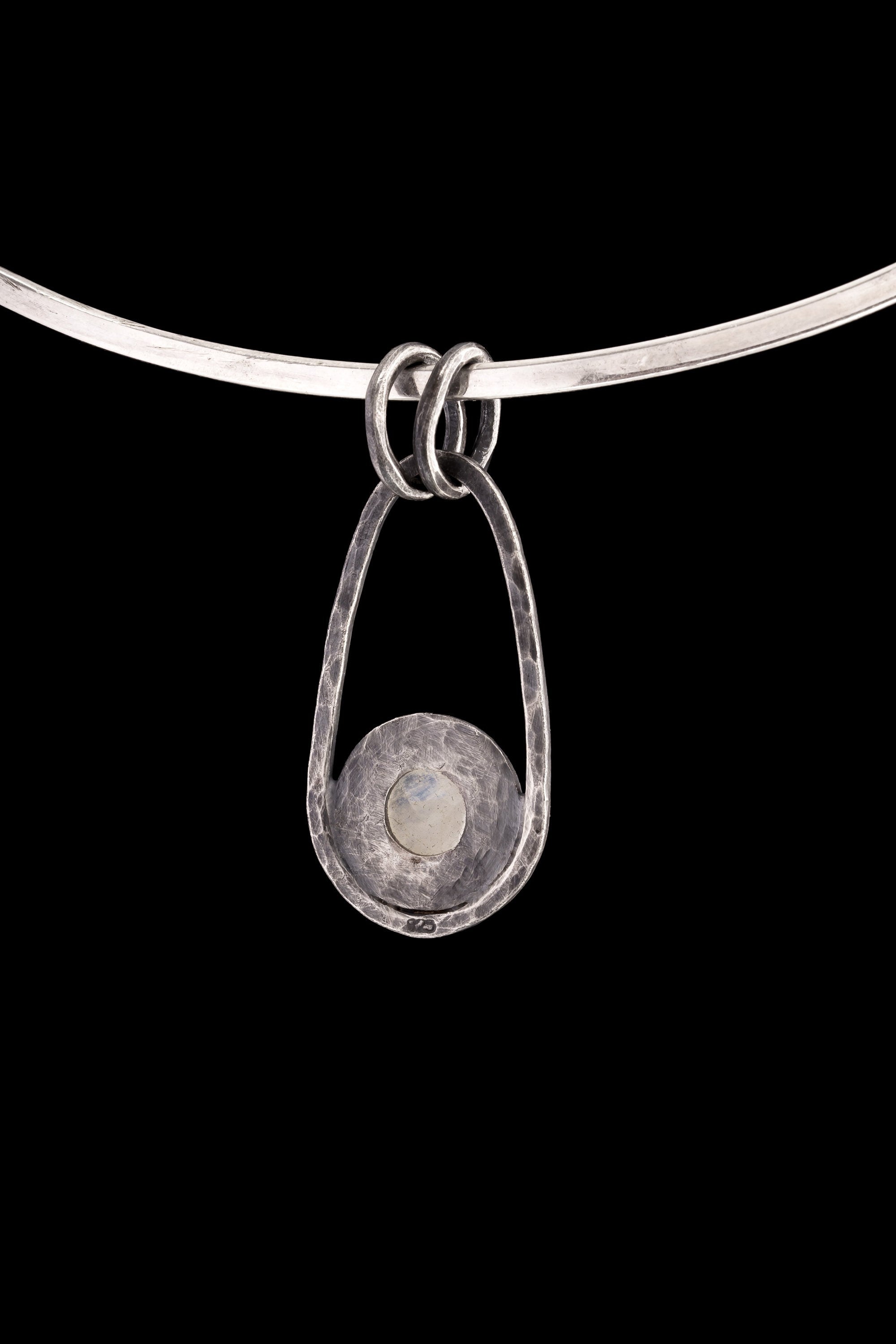Round Blue Moonstone Cab - Solid Oxidised Textured Sterling Silver - Rustick Boho Oval Sun / Moon - Pendant Crystal Necklace