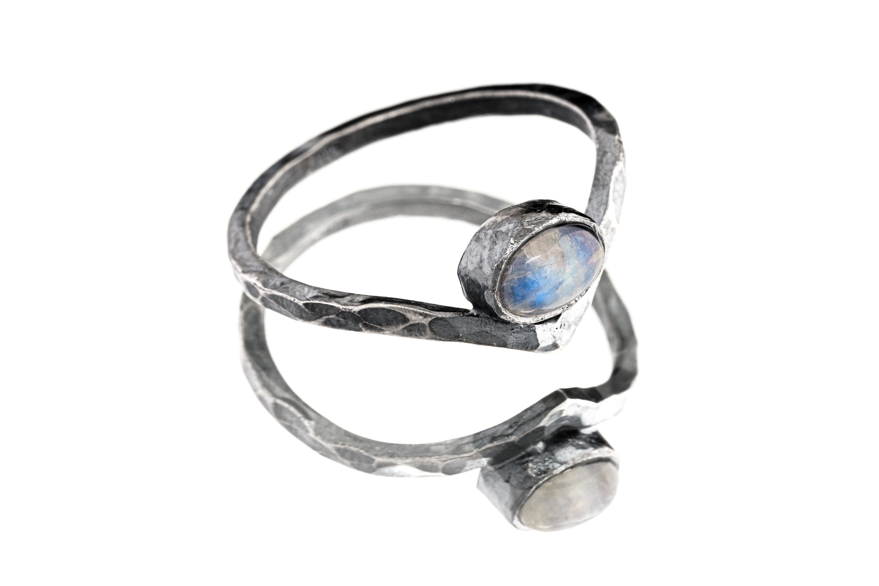 Blue Oval Moonstone Ring - Rustic Boho Stack Ring - Hammered Oxidised Triangle Band - 925 Sterling Silver - Size 4.5 - 8 US