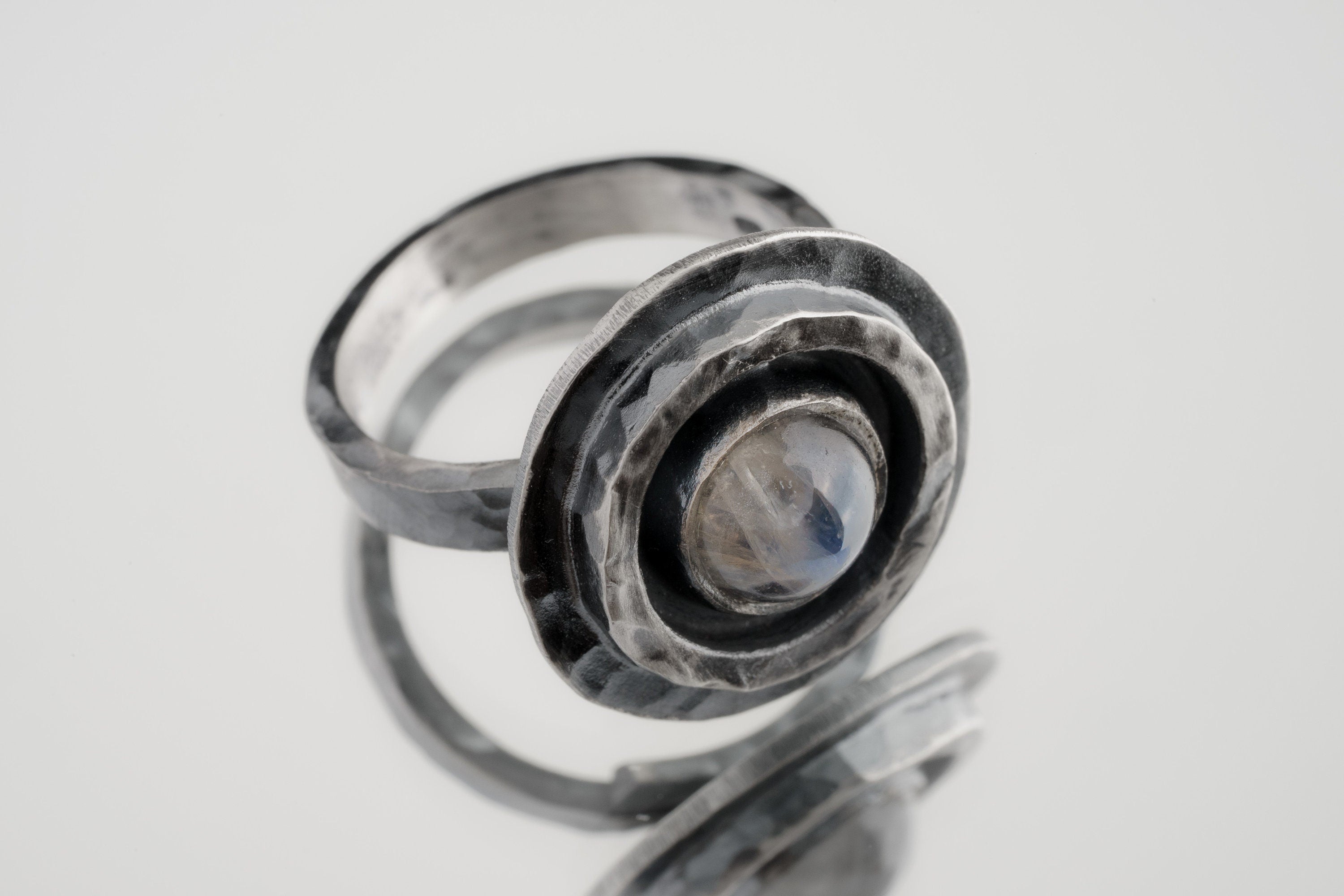 Blue Moonstone Dome Cab - Oxidised Rustick Boho Vibe - 925 Sterling Silver - Heavy Set Adjustable Textured Ring - Size 5-10 US