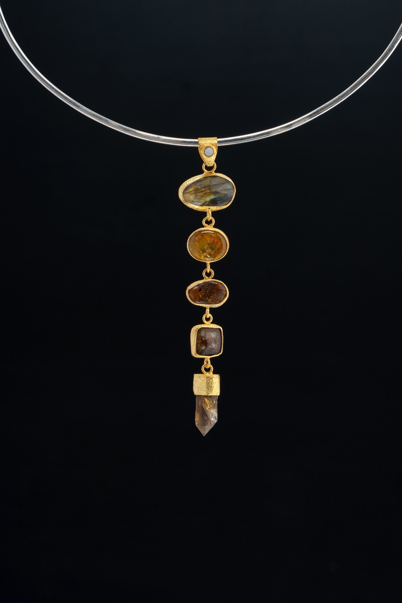 Faceted Labradorite, Ethiopian Opal, Amber, Ammolite & Citrine point with Black Opal - Sand Texture - Gold-Plated Sterling Silver Pendant
