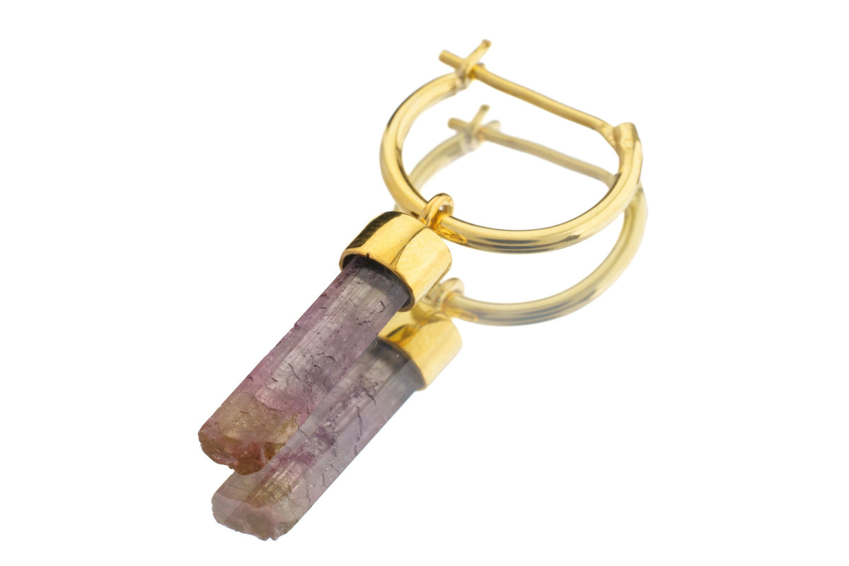 Natural Pink Himalayan Tourmaline Wand - Gold Plated Sterling Silver - Solid V Clasp Hoop Earring - No.6