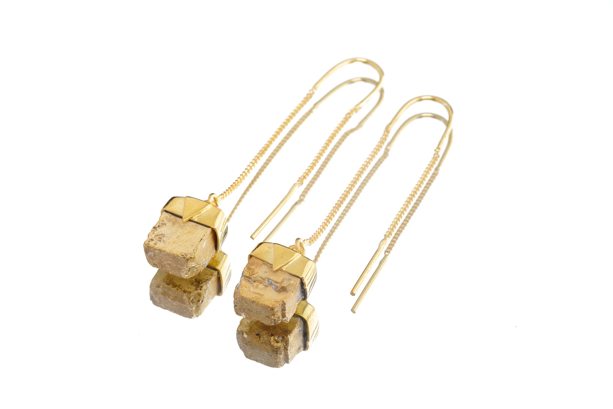 GOLDEN Cubic Pyrite - Gold Plated Sterling Silver - Dangle Thread Hook Earring Pair NO. 2