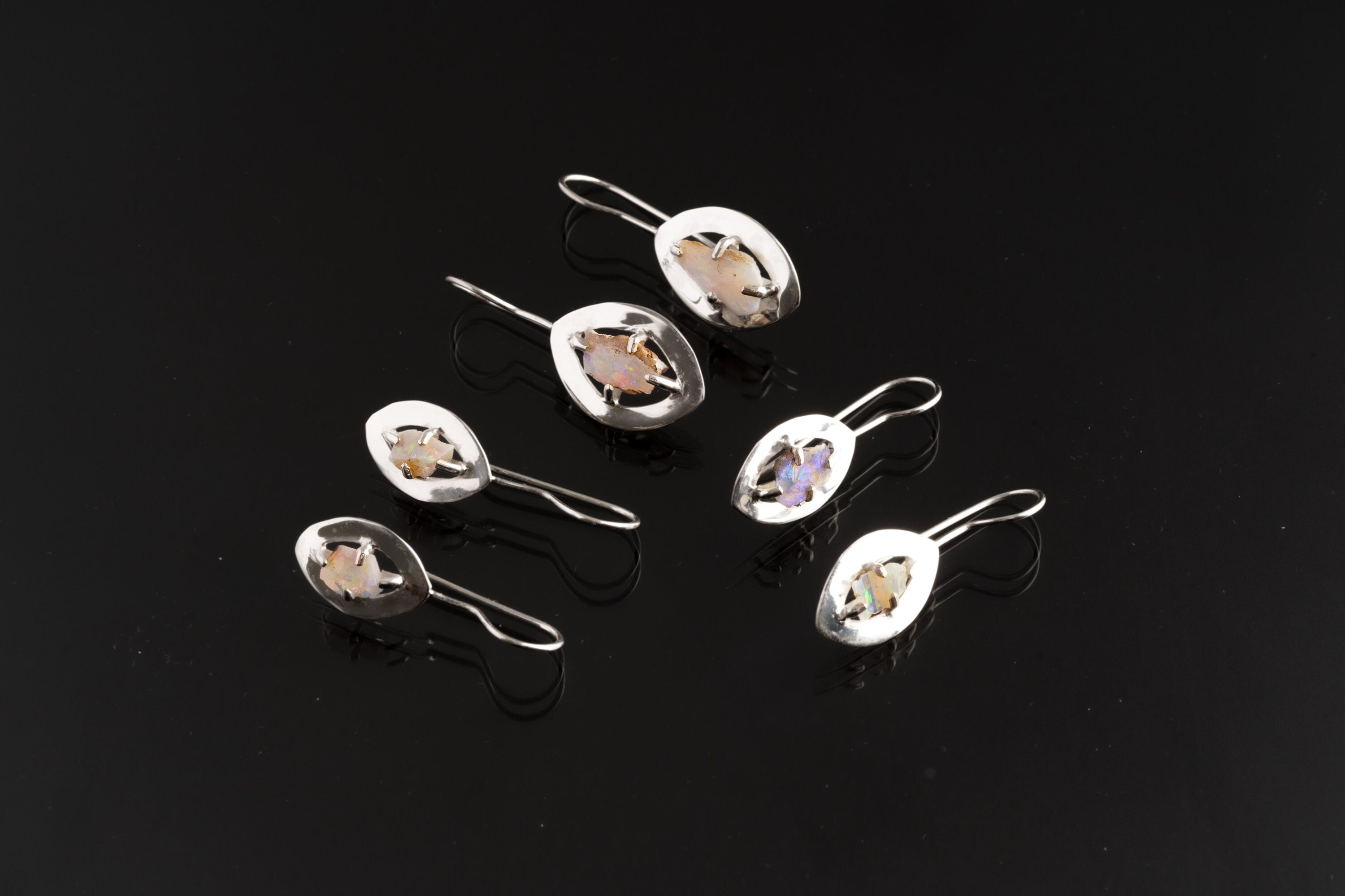 Precious Australian White Lighting Ridge Opal Chip - Halo Claw Set Sterling Silver - Hook Earrings