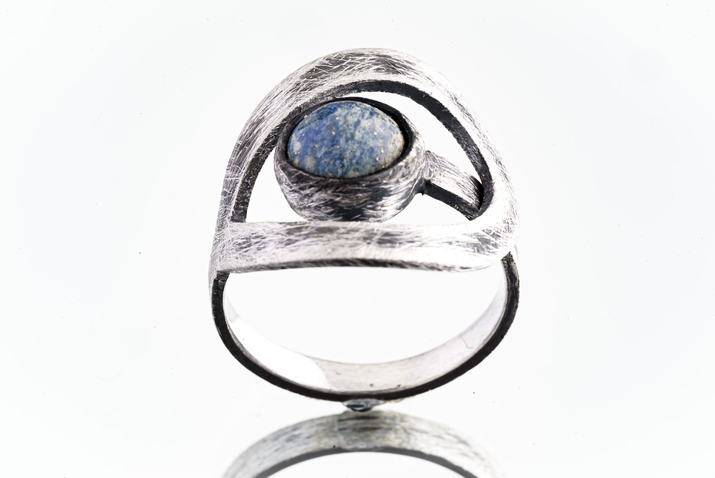 Round Lapis Lazuli - 925 Sterling Silver - Heavy Set Adjustable Loop Ring - Scratch Textured - Size 5-9 US - NO/6