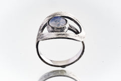 Round Blue Moonstone - 925 Sterling Silver - Heavy Set Adjustable Loop Ring - Scratch Textured - Size 5-9 US - NO/13