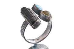 Larimar, Labradorite & Gem Tourmaline- 925 Sterling Silver - Multi Stone - Textured, Oxidised - Open Ring Band - Adjustable US 6 - 10 - NO/8