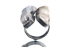 Pearl, Dumortierite & Selenite - 925 Sterling Silver - Multi Stone - Textured, Oxidised - Open Ring Band - Adjustable US 6 - 10 - NO/11